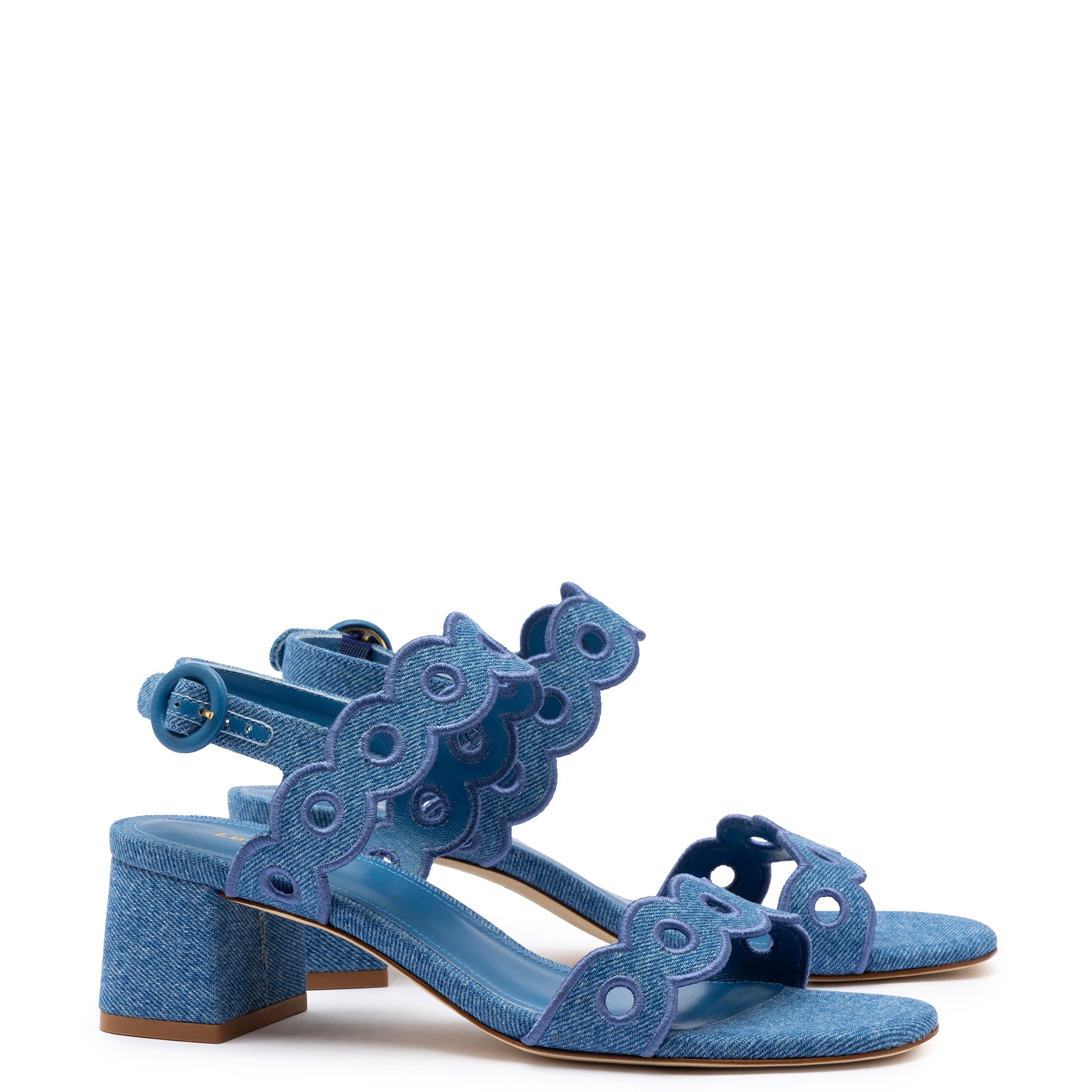 Florence Broderie Sandal In Blue Denim by Larroudé