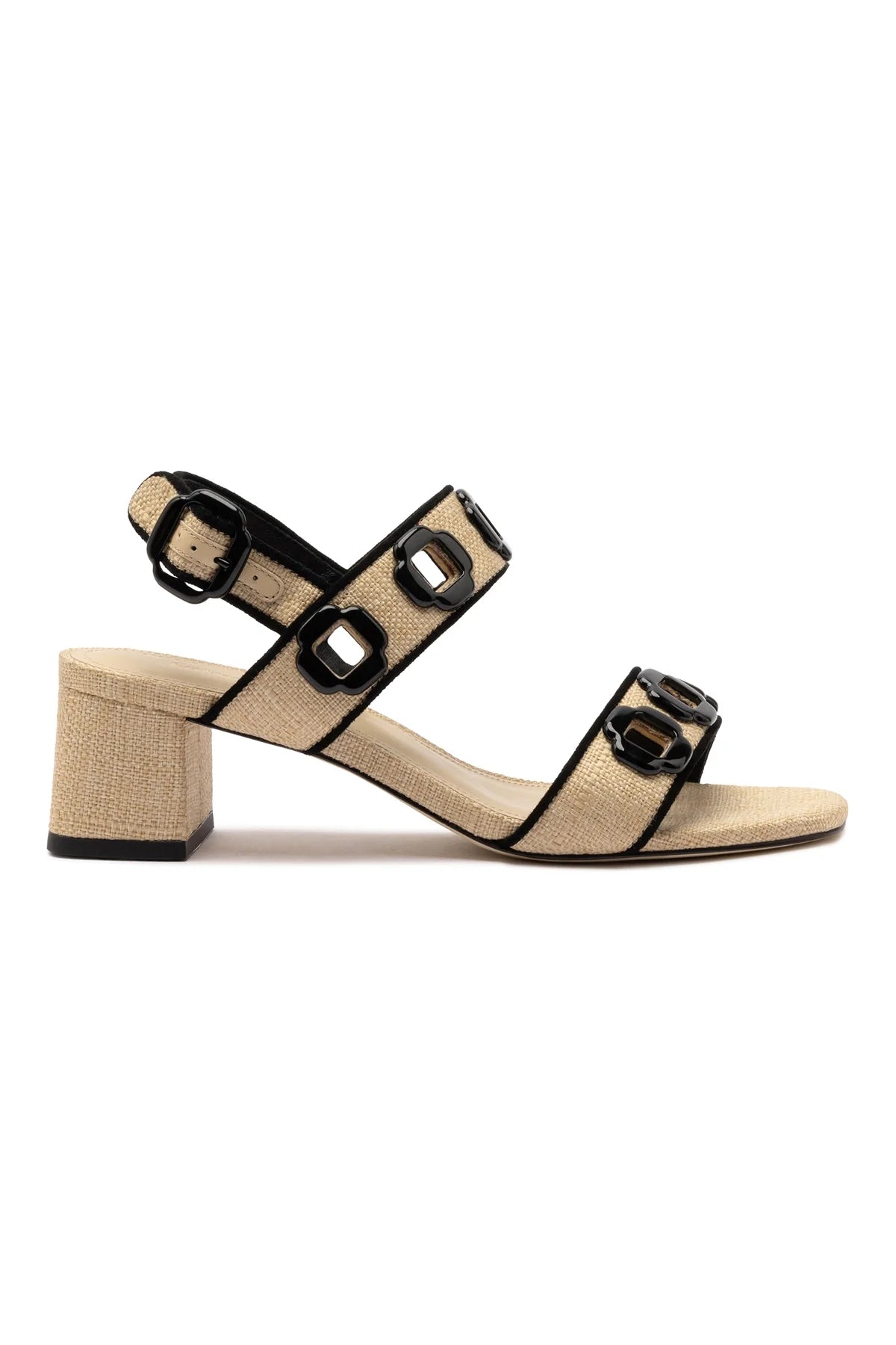 Milan Sandal In Beige Raffia and Black Trimming by Larroudé