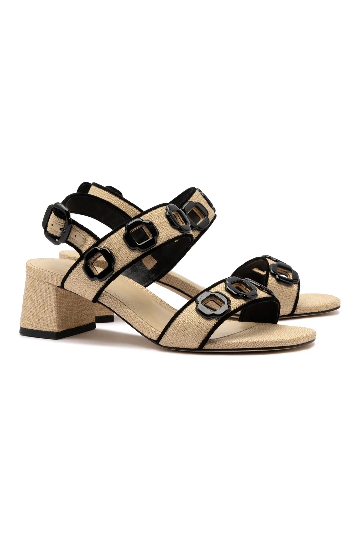 Milan Sandal In Beige Raffia and Black Trimming by Larroudé