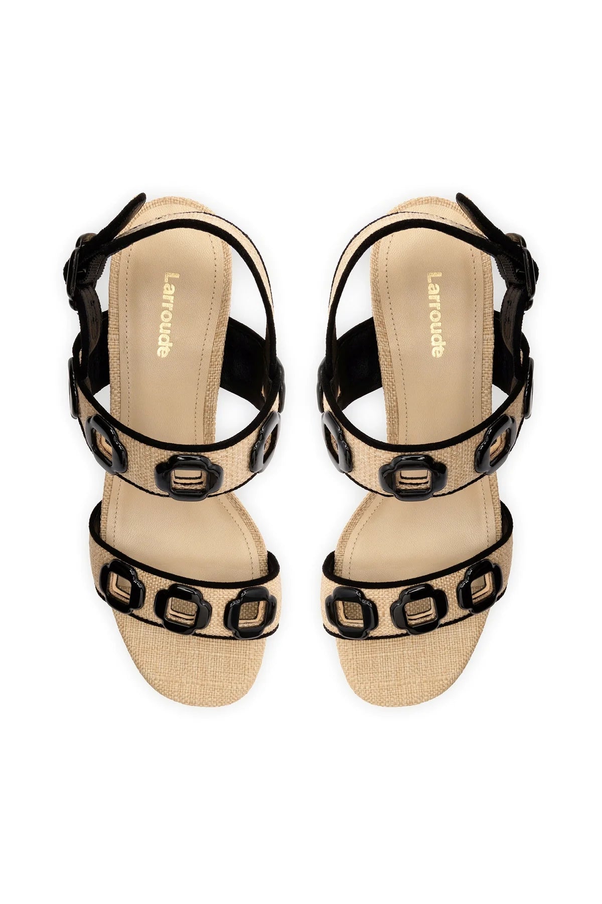 Milan Sandal In Beige Raffia and Black Trimming by Larroudé