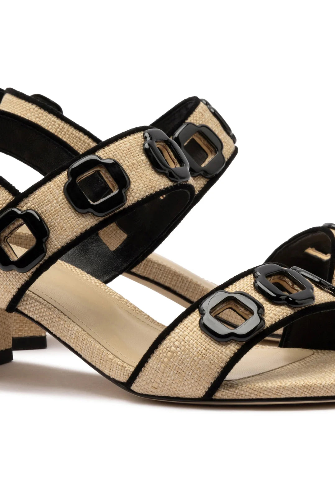 Milan Sandal In Beige Raffia and Black Trimming by Larroudé