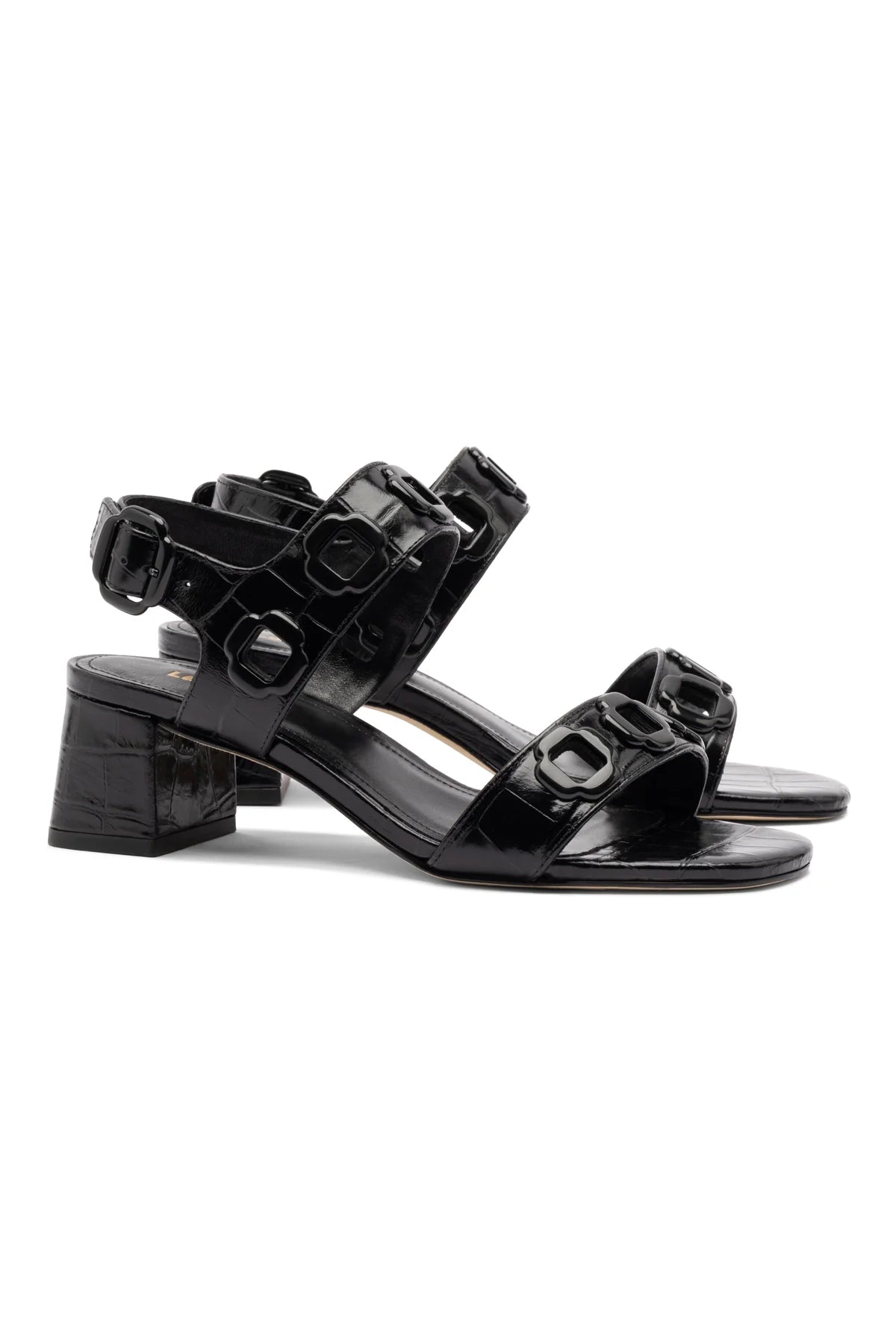 Milan Block Sandal In Black Croc Printed Leather by Larroudé