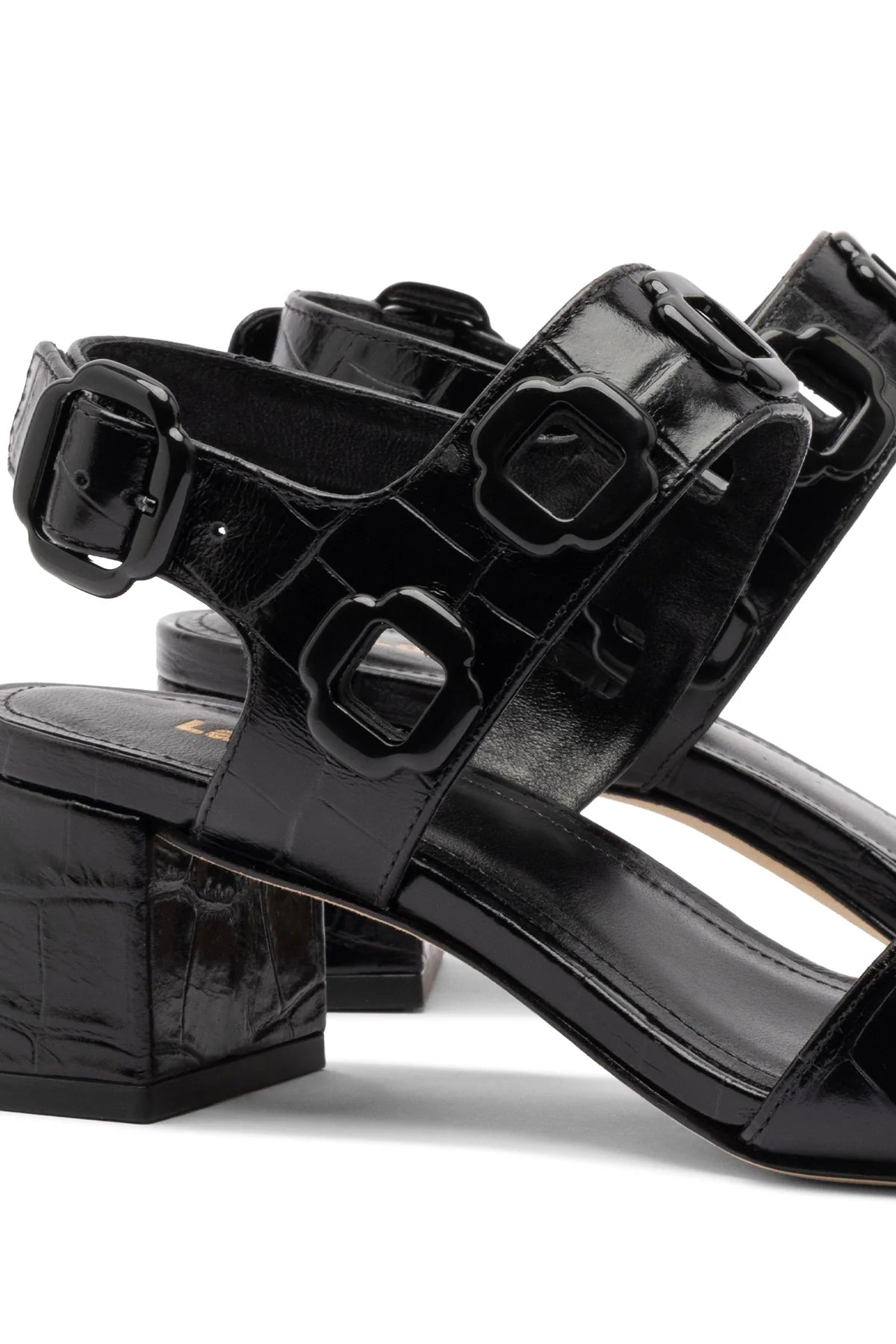 Milan Block Sandal In Black Croc Printed Leather by Larroudé
