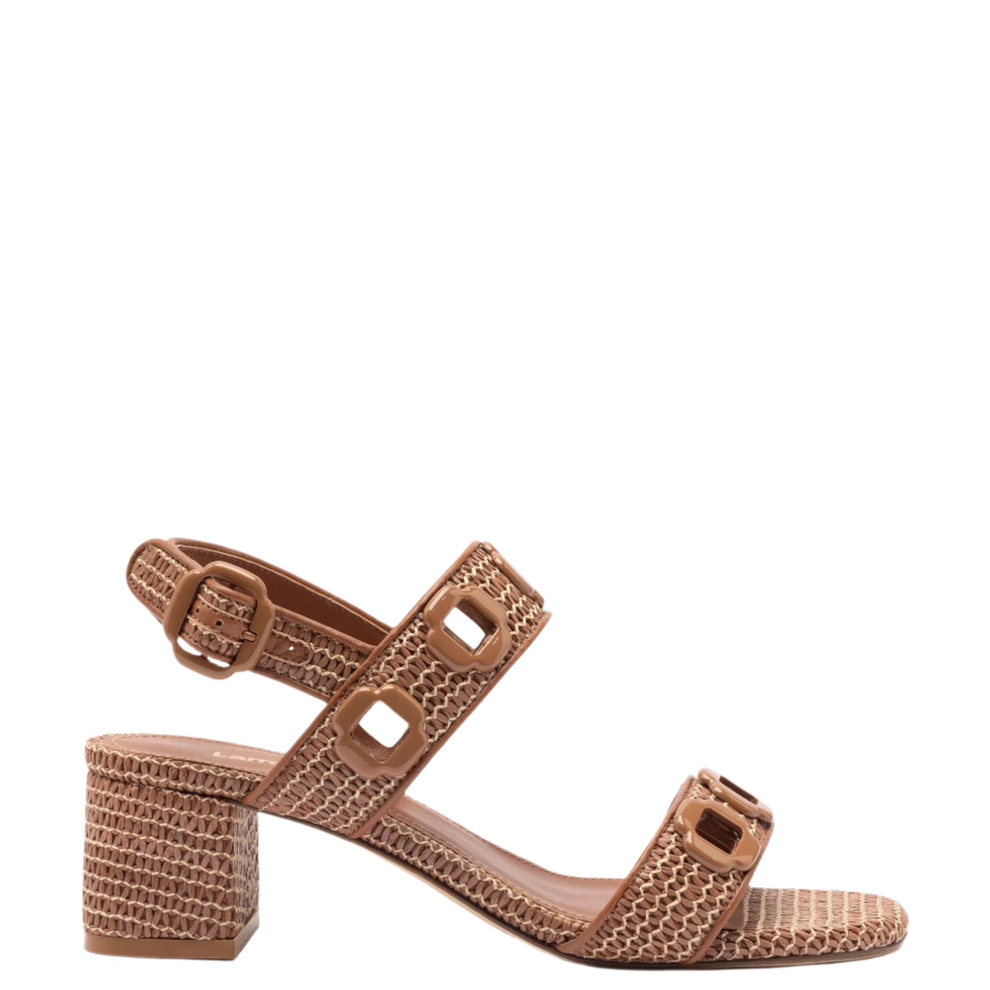 Milan Sandal In Caramel Wave Raffia by Larroudé