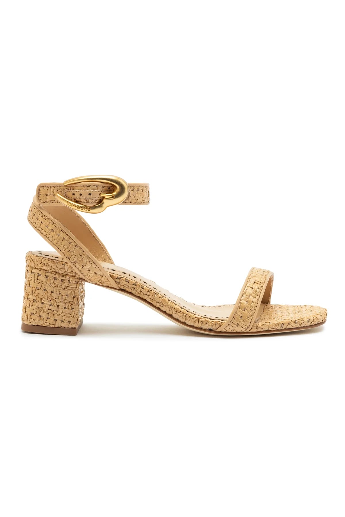 Verona Block Sandal In Beige Leather and Natural Raffia by Larroudé