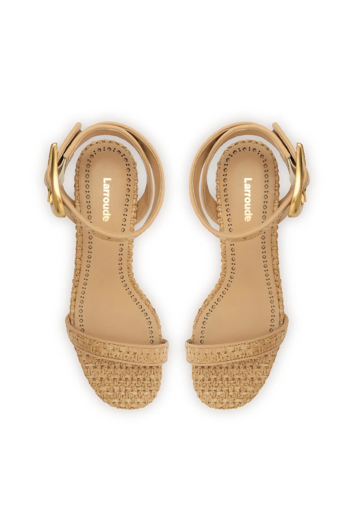 Verona Block Sandal In Beige Leather and Natural Raffia by Larroudé