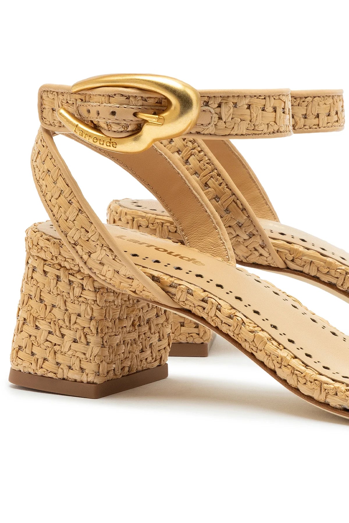 Verona Block Sandal In Beige Leather and Natural Raffia by Larroudé