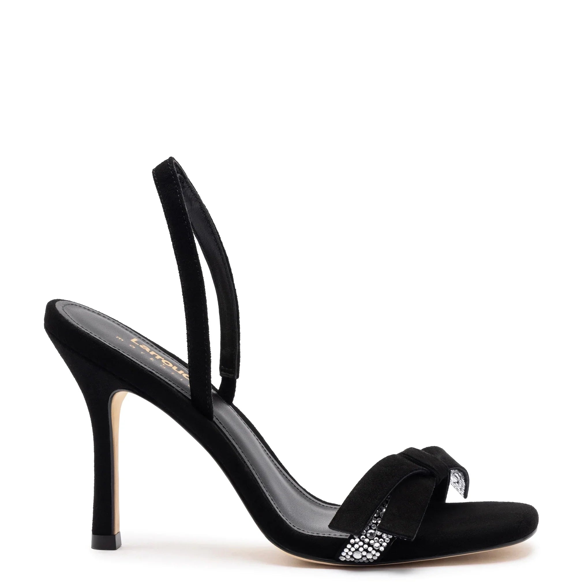 Larroudé x Markarian Sandal In Black Suede and Crystals by Larroudé