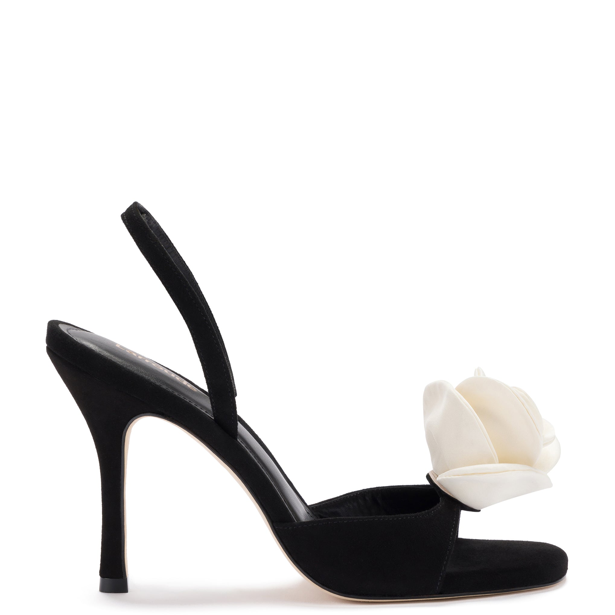 Salma Sandal In Black Suede and Ivory Satin by Larroudé