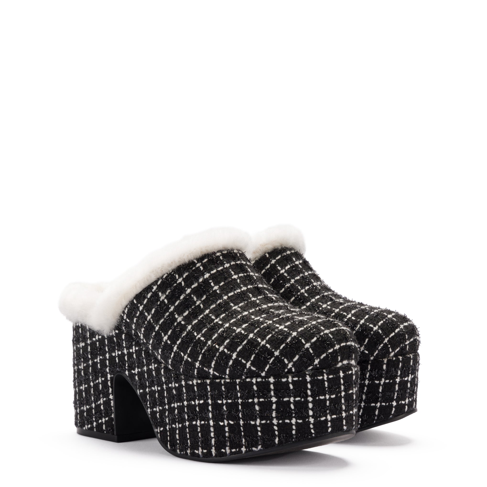 Miso Platform Clog In Black Tweed and Natural Shearling by Larroudé