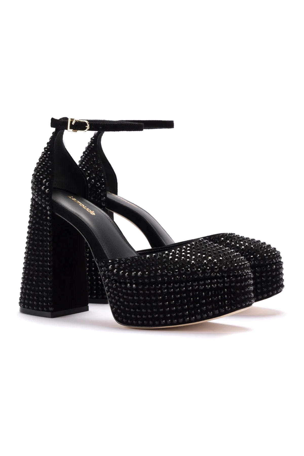 Ari Crystal Pump In Monochrome Black Suede by Larroudé