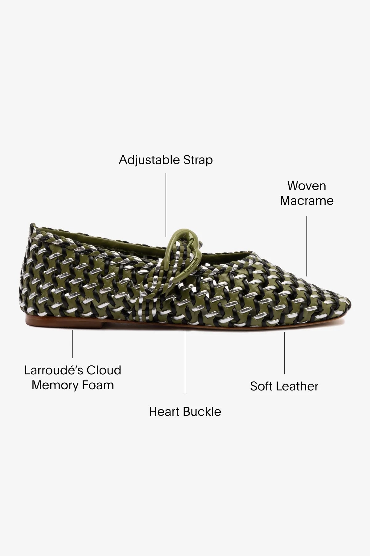Verona Macrame Ballet Flat In Seaweed, Black and Silver Metallic Leather by Larroudé