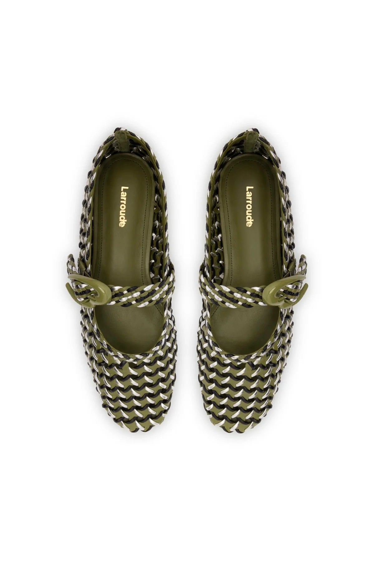 Verona Macrame Ballet Flat In Seaweed, Black and Silver Metallic Leather by Larroudé