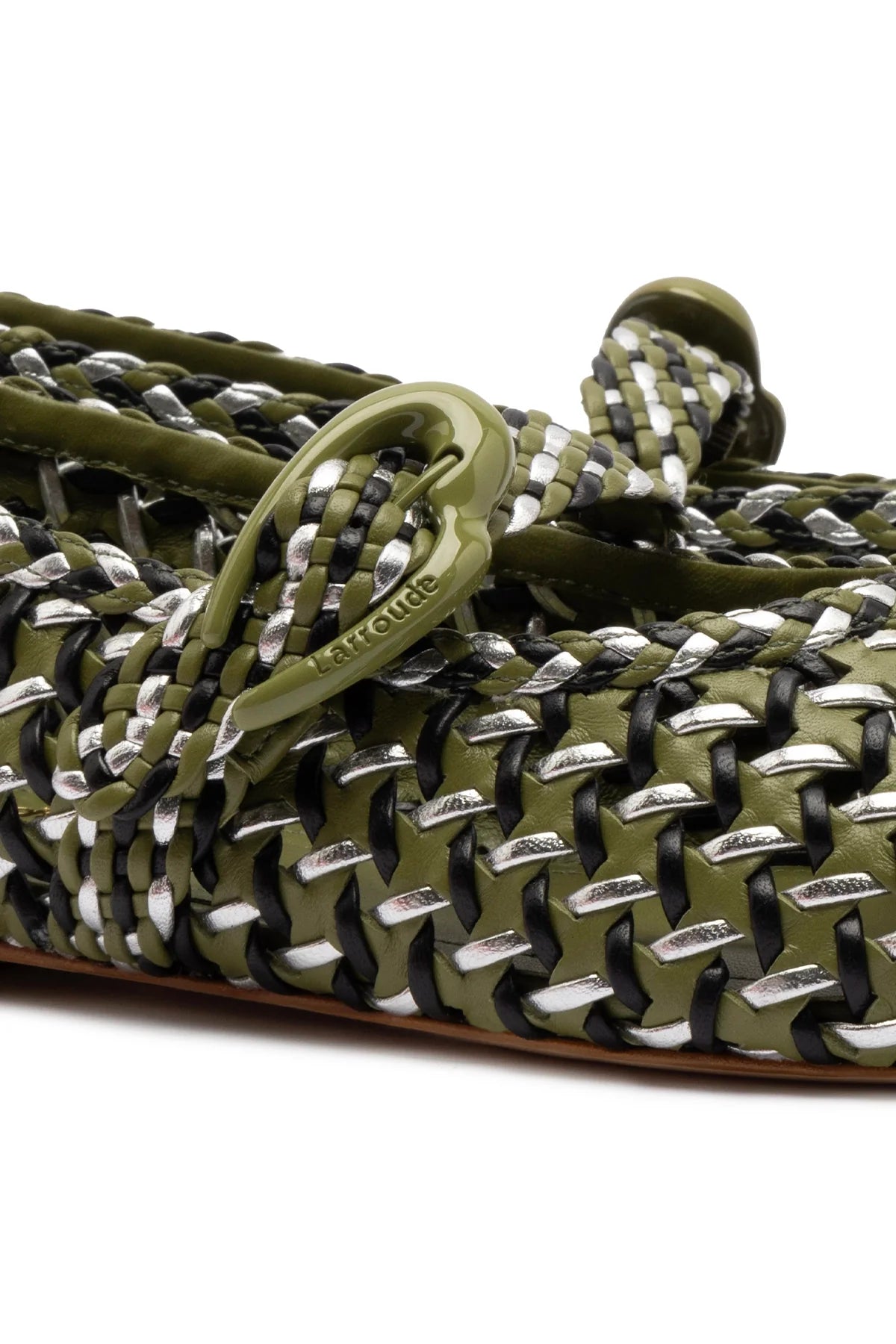 Verona Macrame Ballet Flat In Seaweed, Black and Silver Metallic Leather by Larroudé