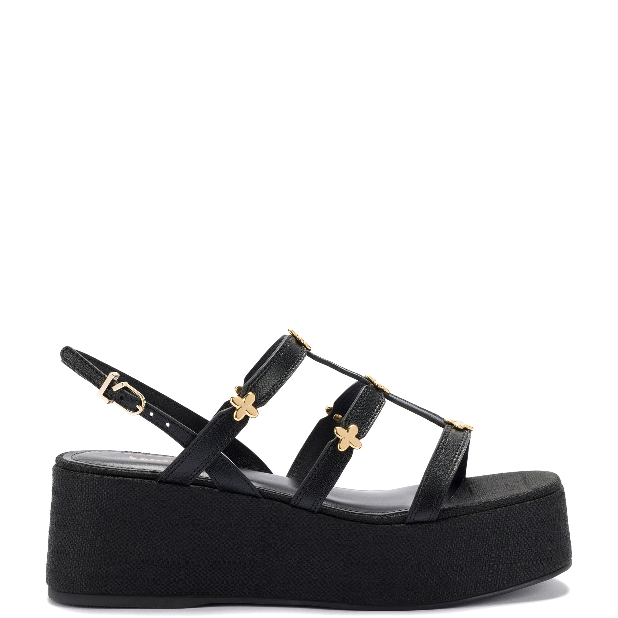 Harmony Flatform Sandal In Black Raffia by Larroudé