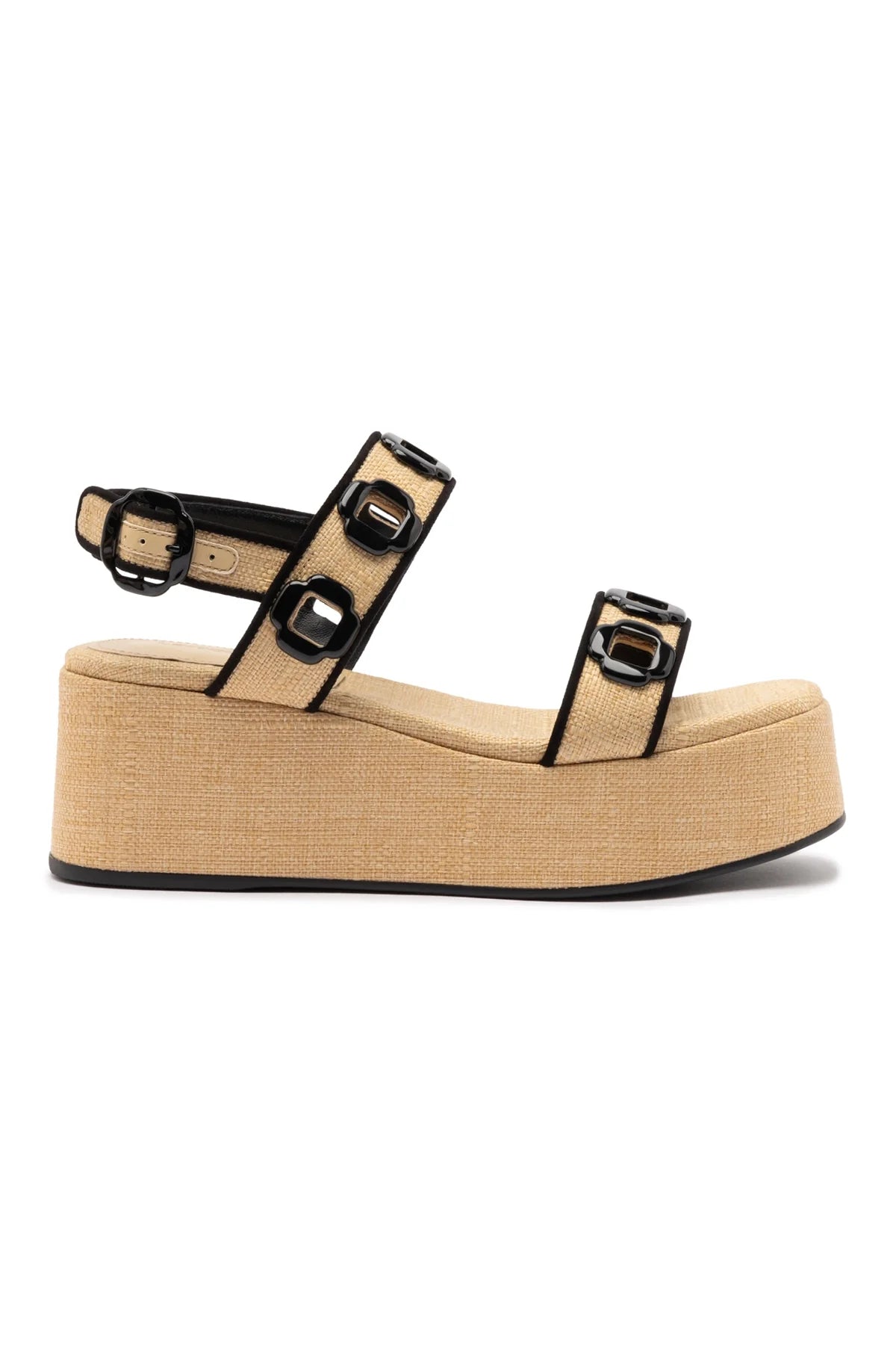 Milan Flatform In Beige Raffia and Black Trimming by Larroudé