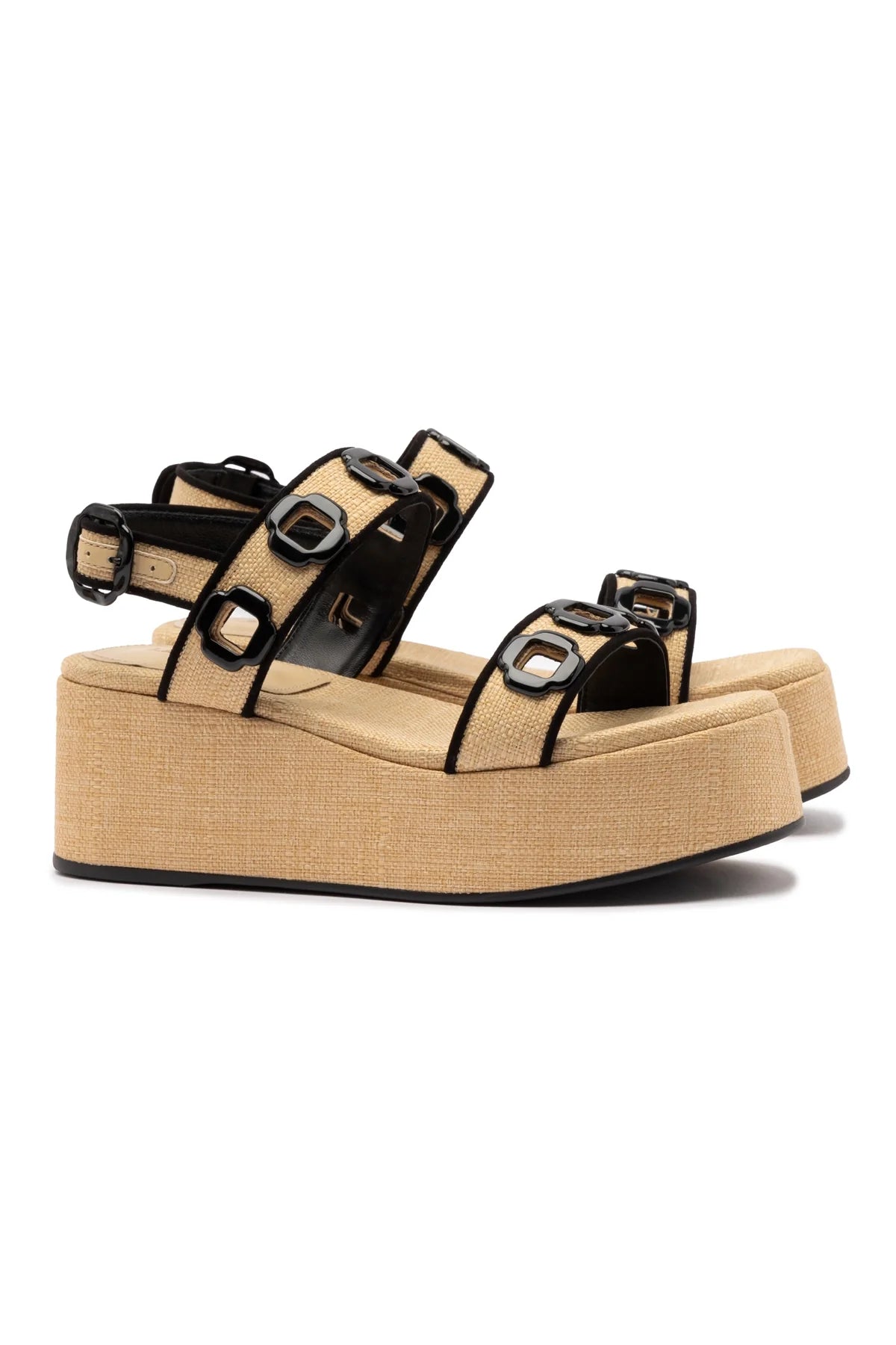 Milan Flatform In Beige Raffia and Black Trimming by Larroudé