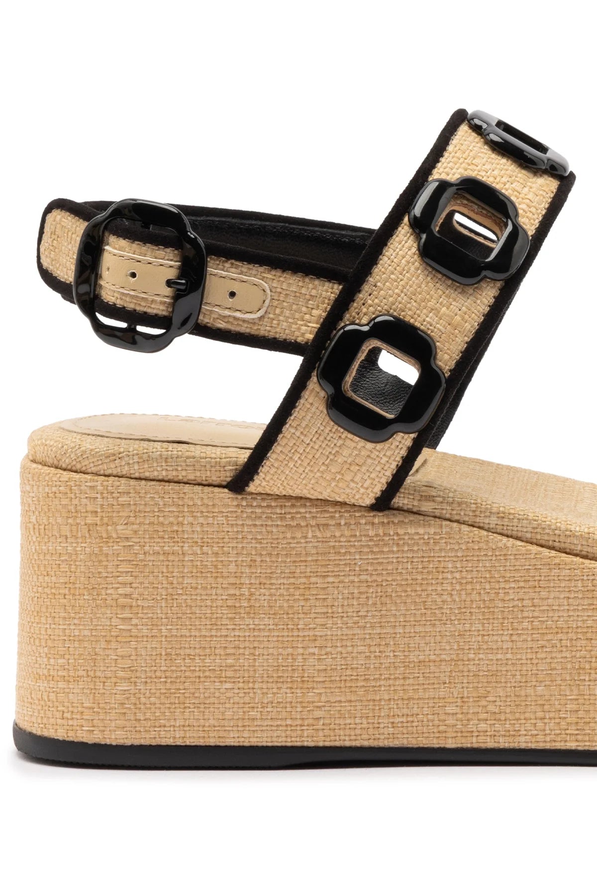Milan Flatform In Beige Raffia and Black Trimming by Larroudé