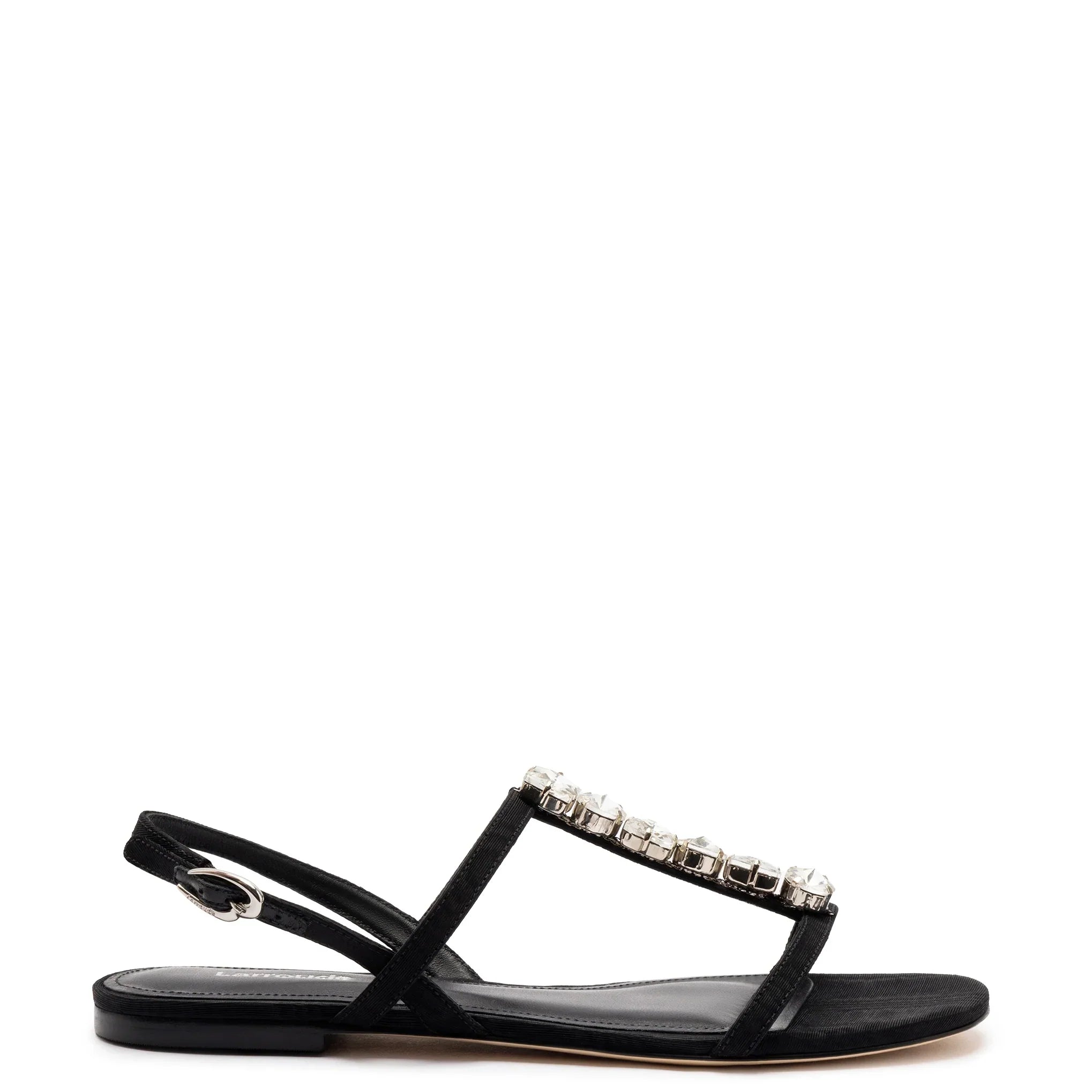 Calypso Flat Sandal In Black Fabric and Crystals by Larroudé