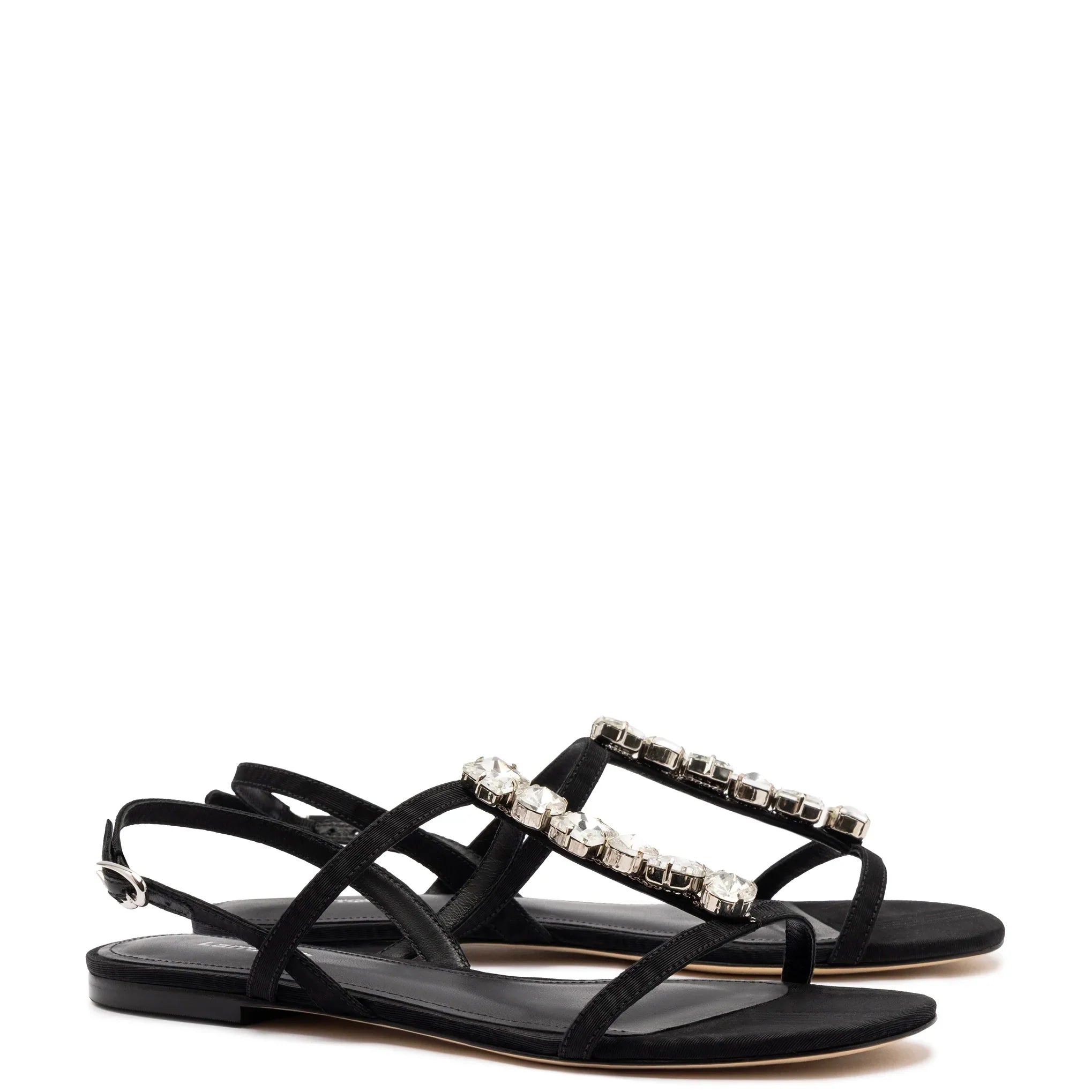 Calypso Flat Sandal In Black Fabric and Crystals by Larroudé