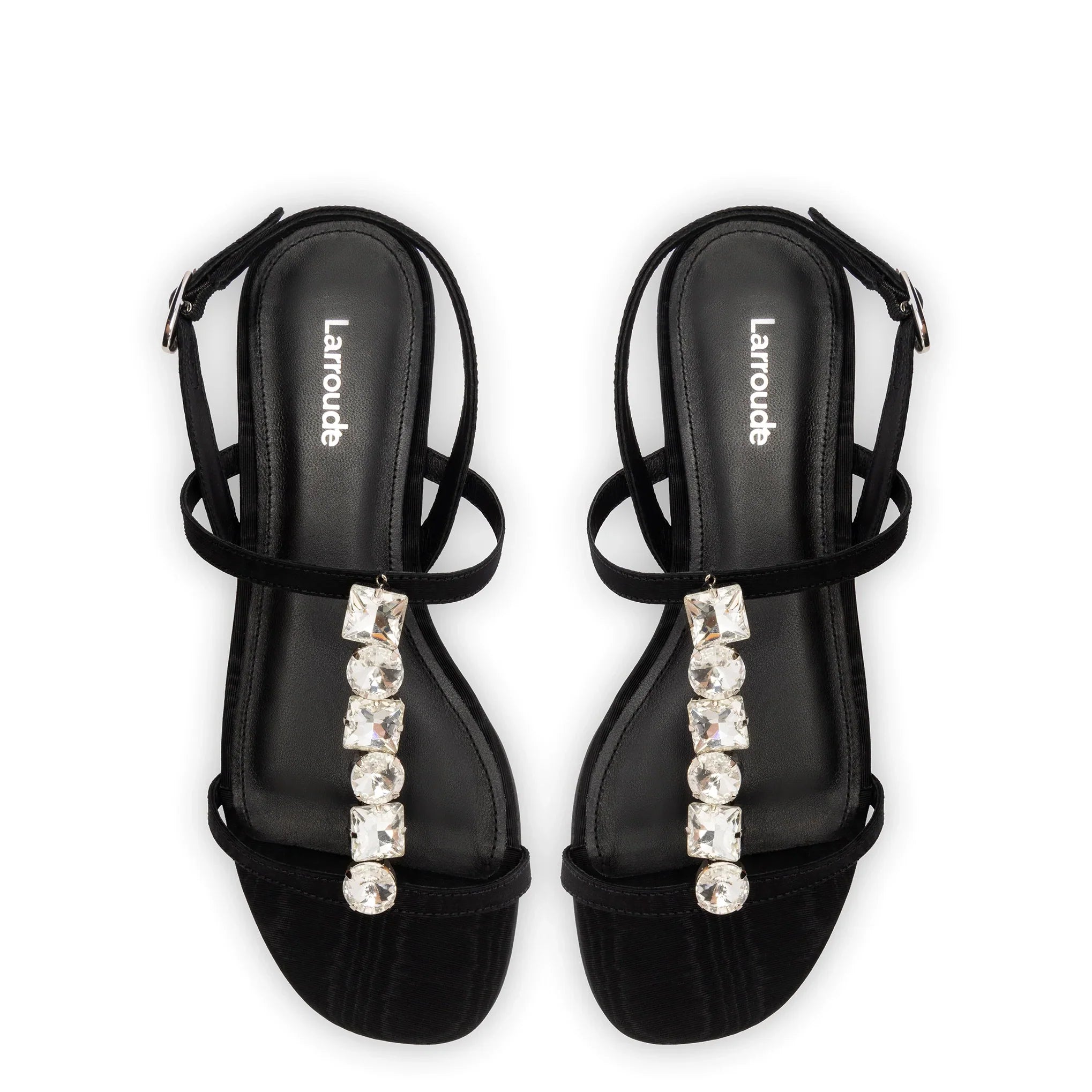 Calypso Flat Sandal In Black Fabric and Crystals by Larroudé