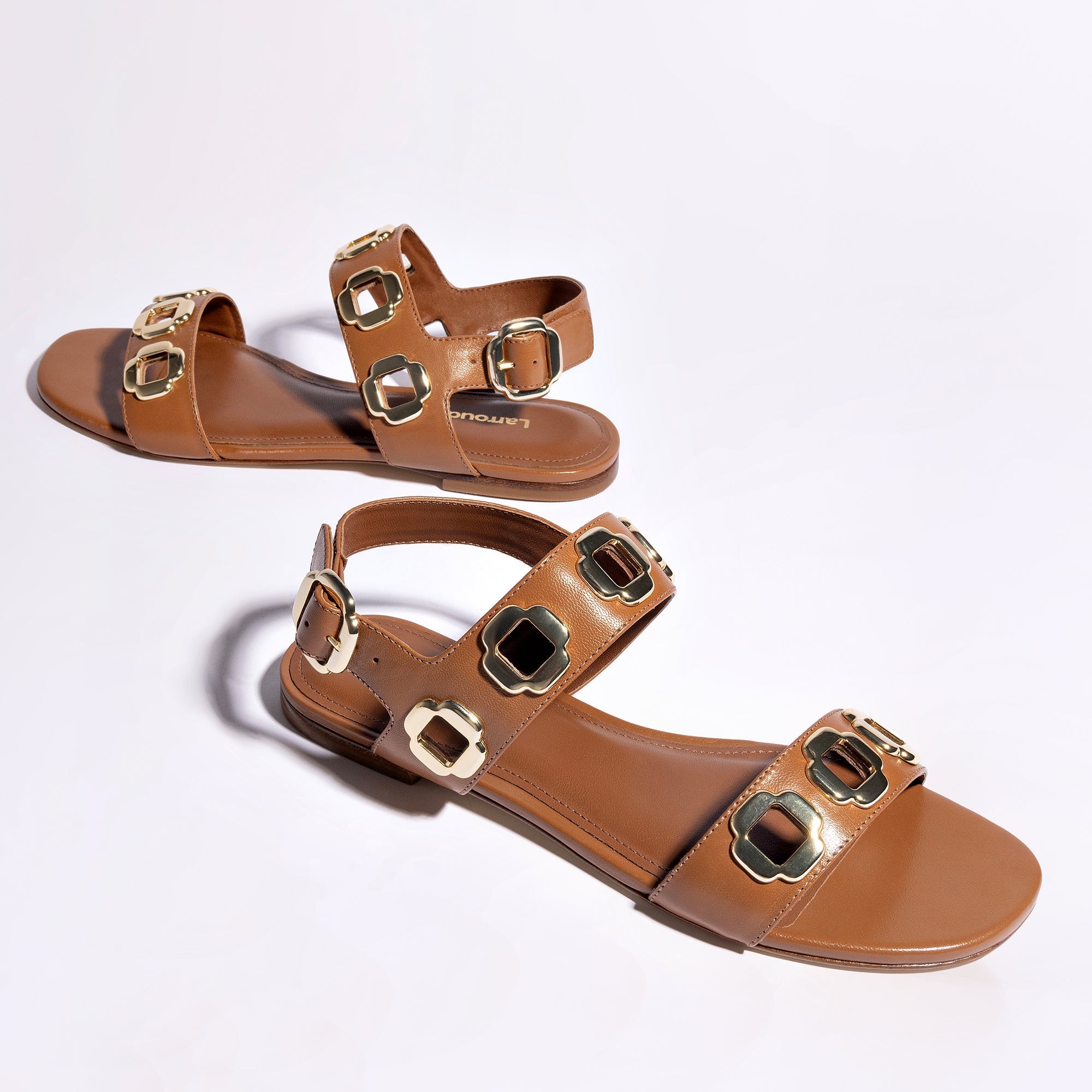 Milan Flat Sandal In Caramel Leather by Larroudé