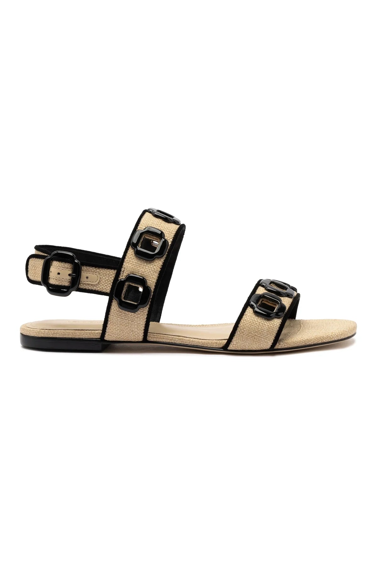 Milan Flat Sandal In Beige Raffia and Black Trimming by Larroudé