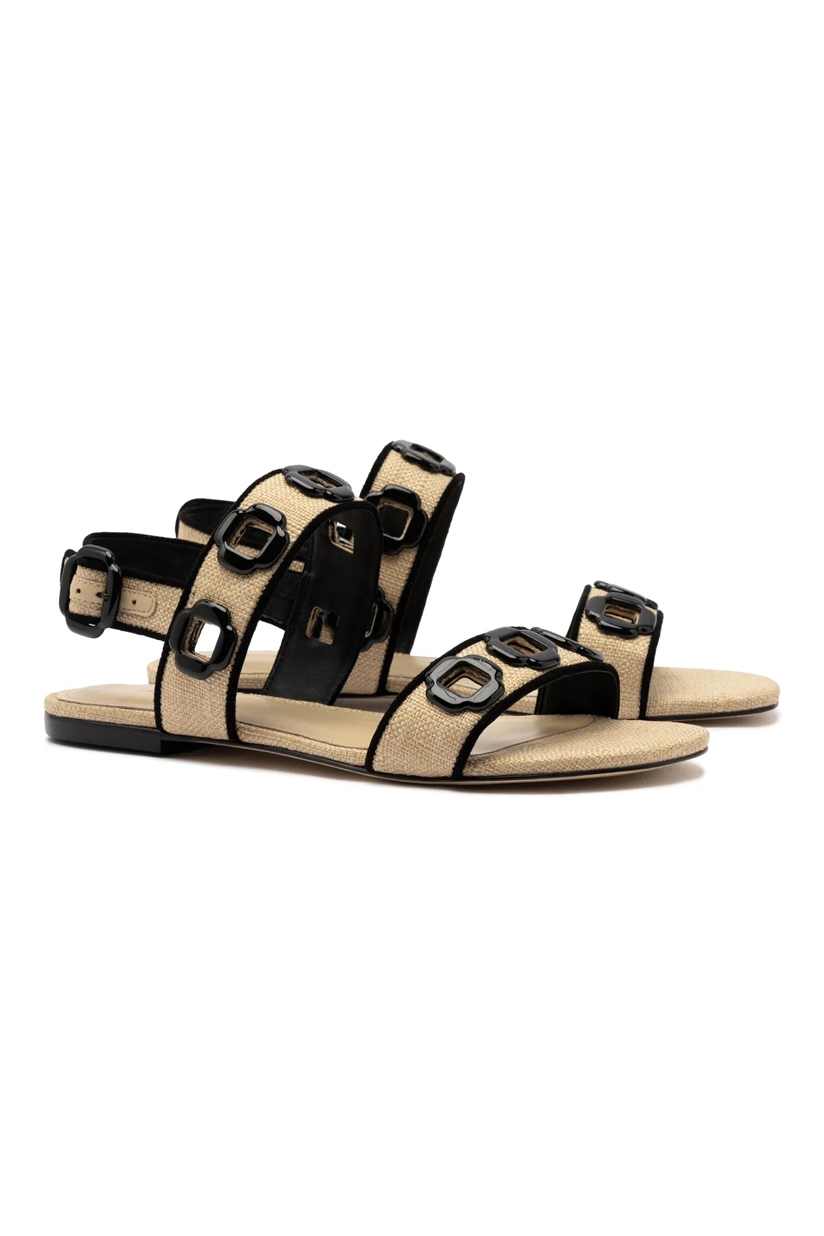 Milan Flat Sandal In Beige Raffia and Black Trimming by Larroudé