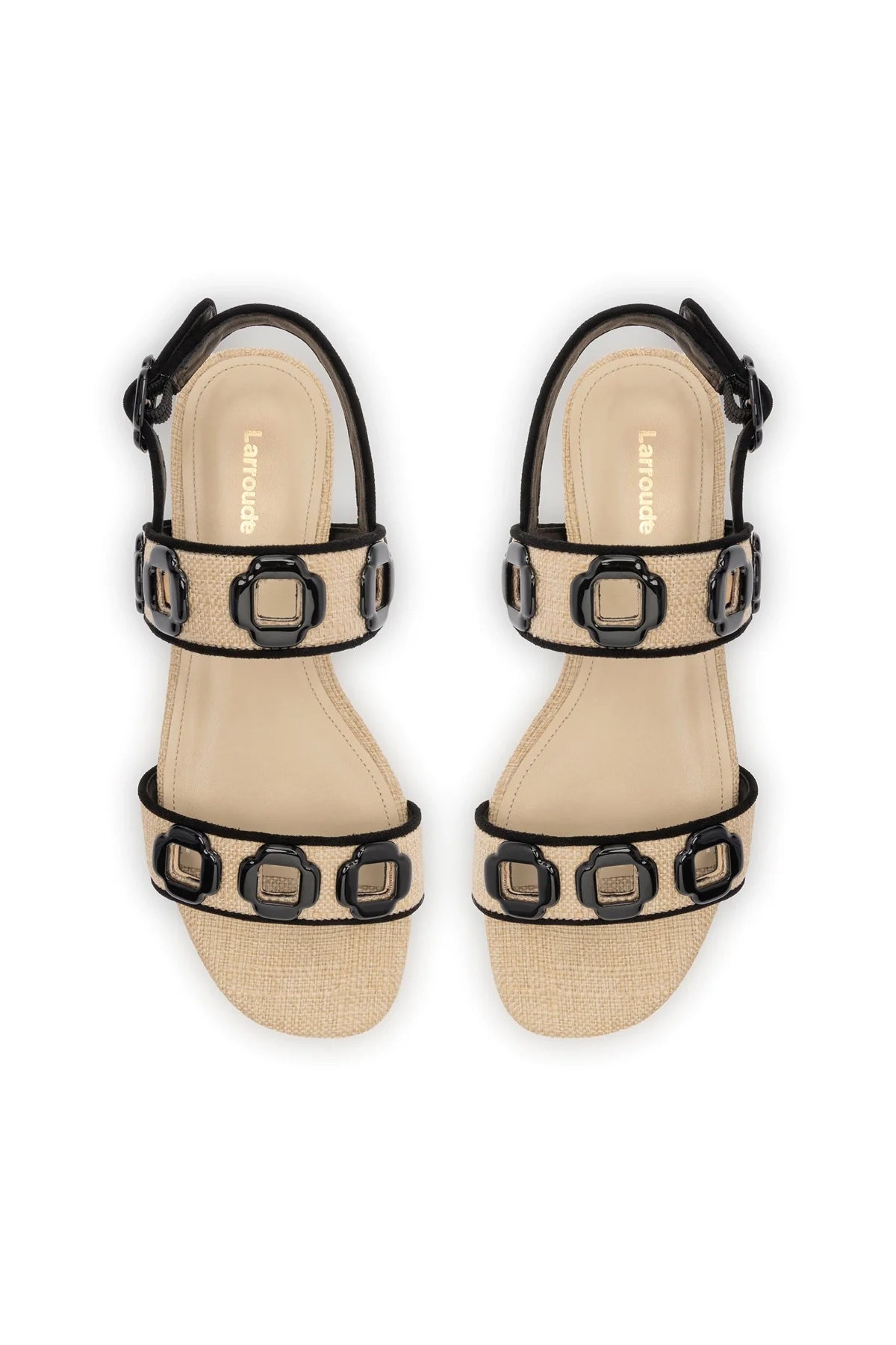Milan Flat Sandal In Beige Raffia and Black Trimming by Larroudé
