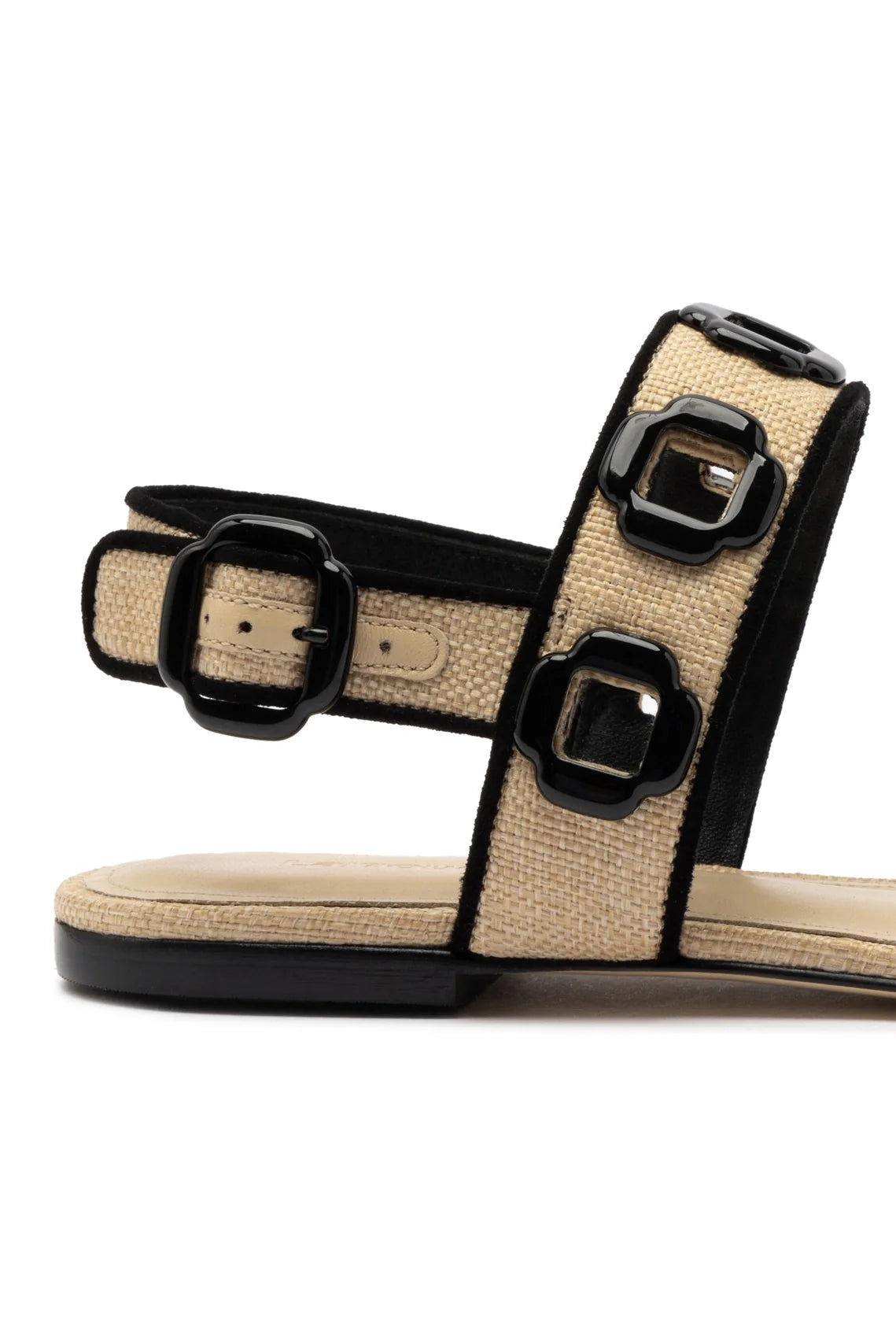 Milan Flat Sandal In Beige Raffia and Black Trimming by Larroudé