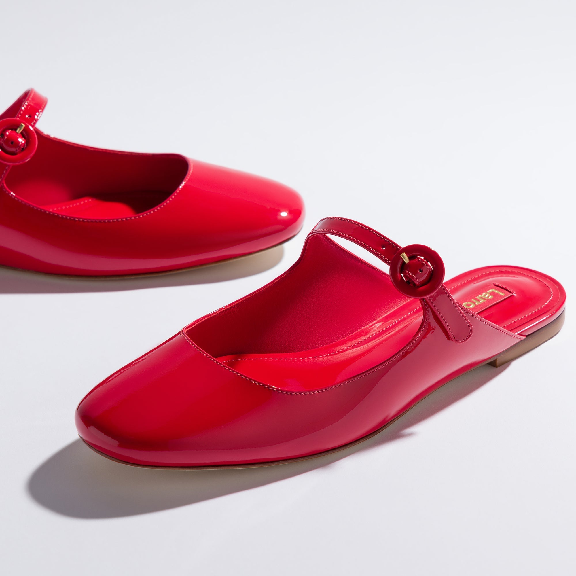 Blair Flat Mule In Scarlet Patent Leather by Larroudé