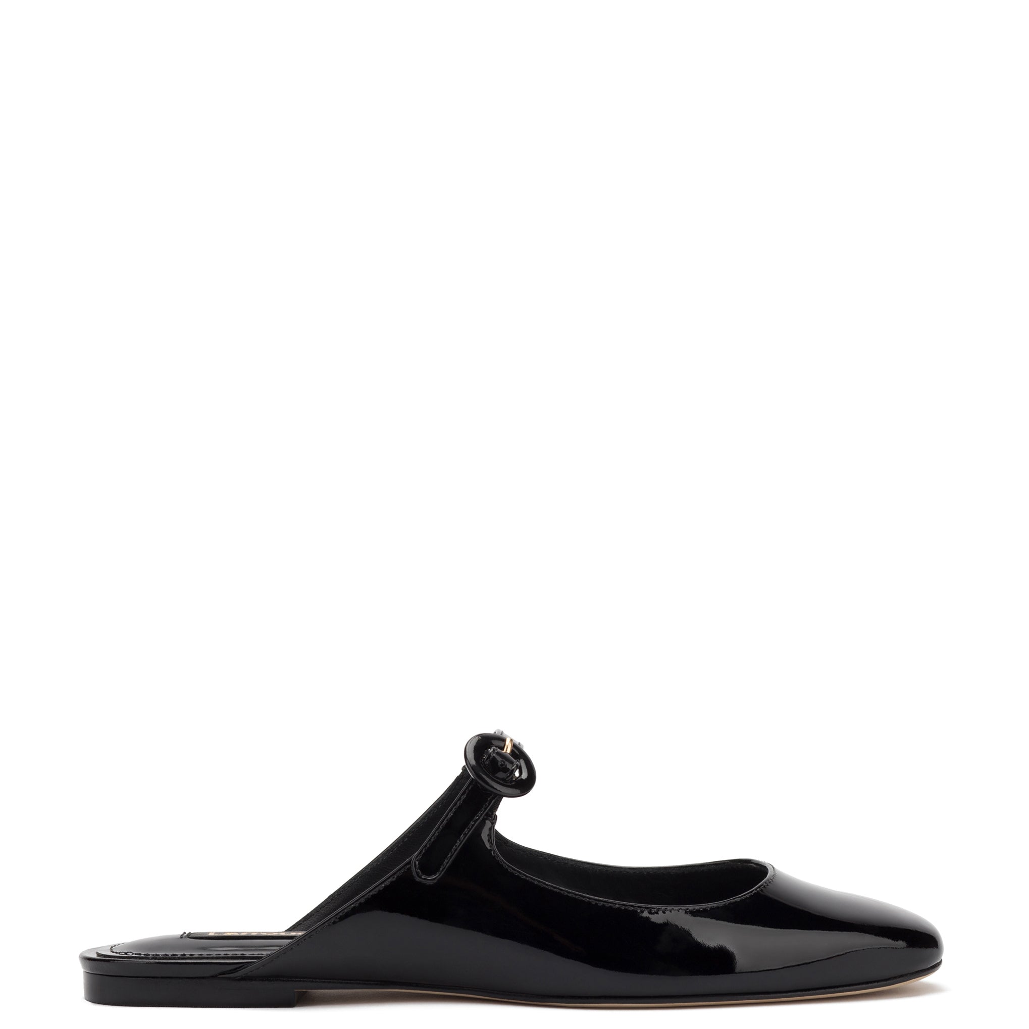 Blair Flat Mule In Black Patent Leather by Larroudé