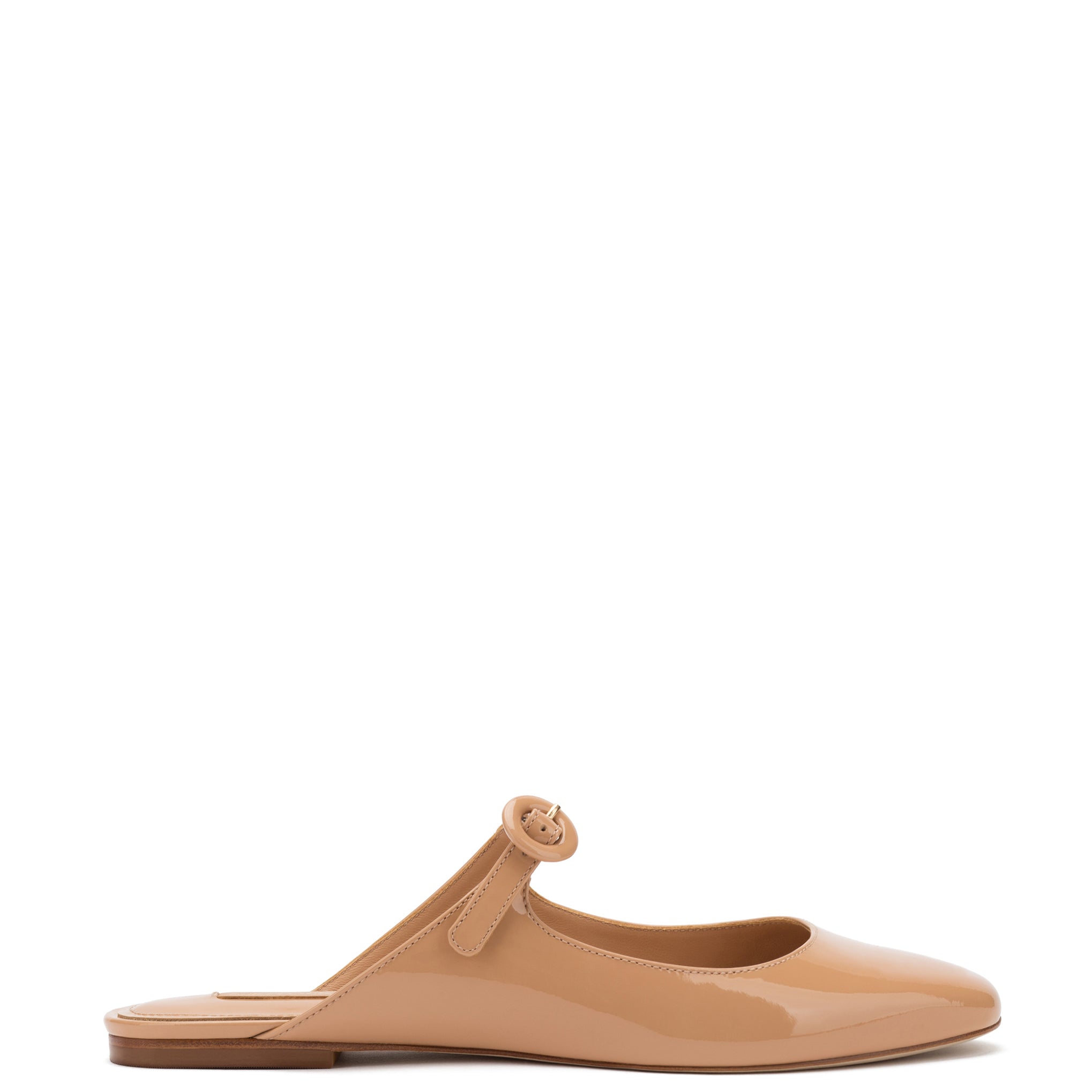 Blair Flat Mule In Tan Patent Leather by Larroudé