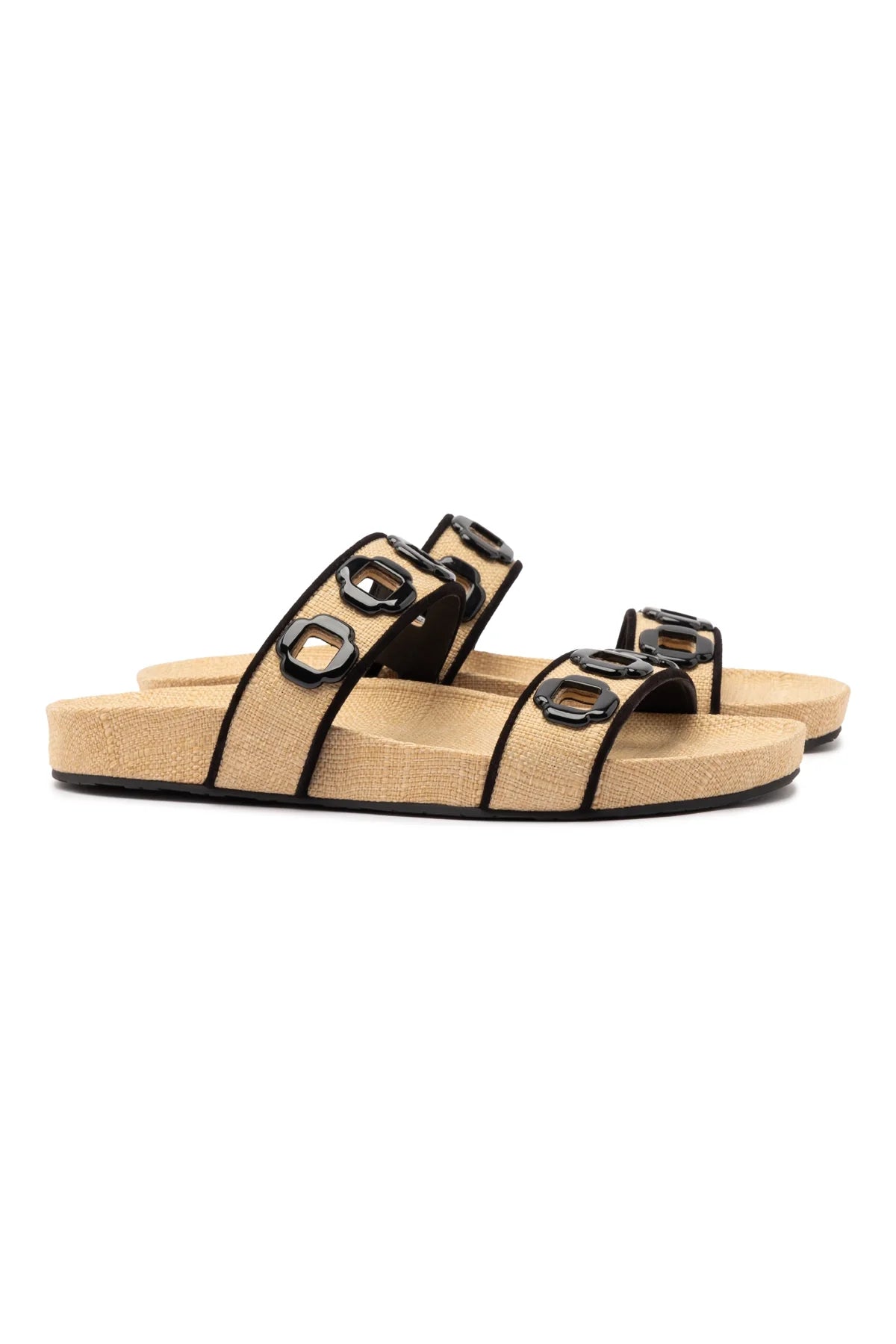 Milan Slide In Beige Raffia and Black Trimming by Larroudé