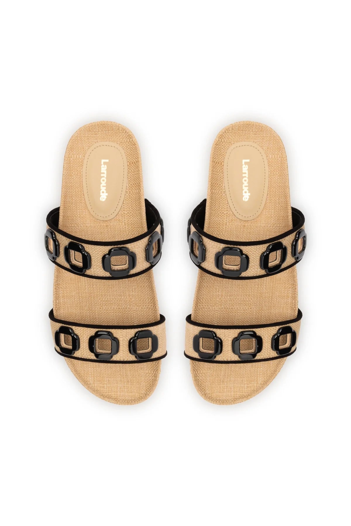 Milan Slide In Beige Raffia and Black Trimming by Larroudé