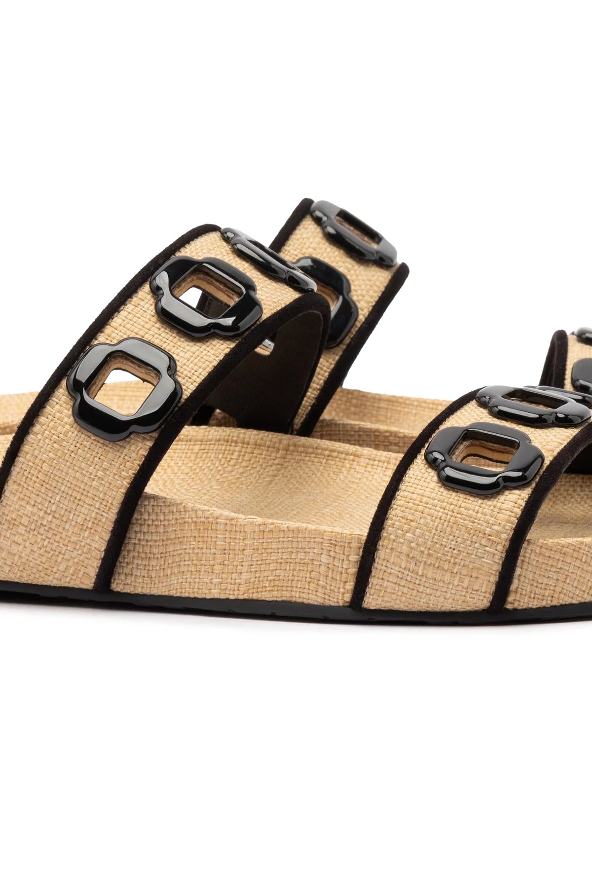 Milan Slide In Beige Raffia and Black Trimming by Larroudé