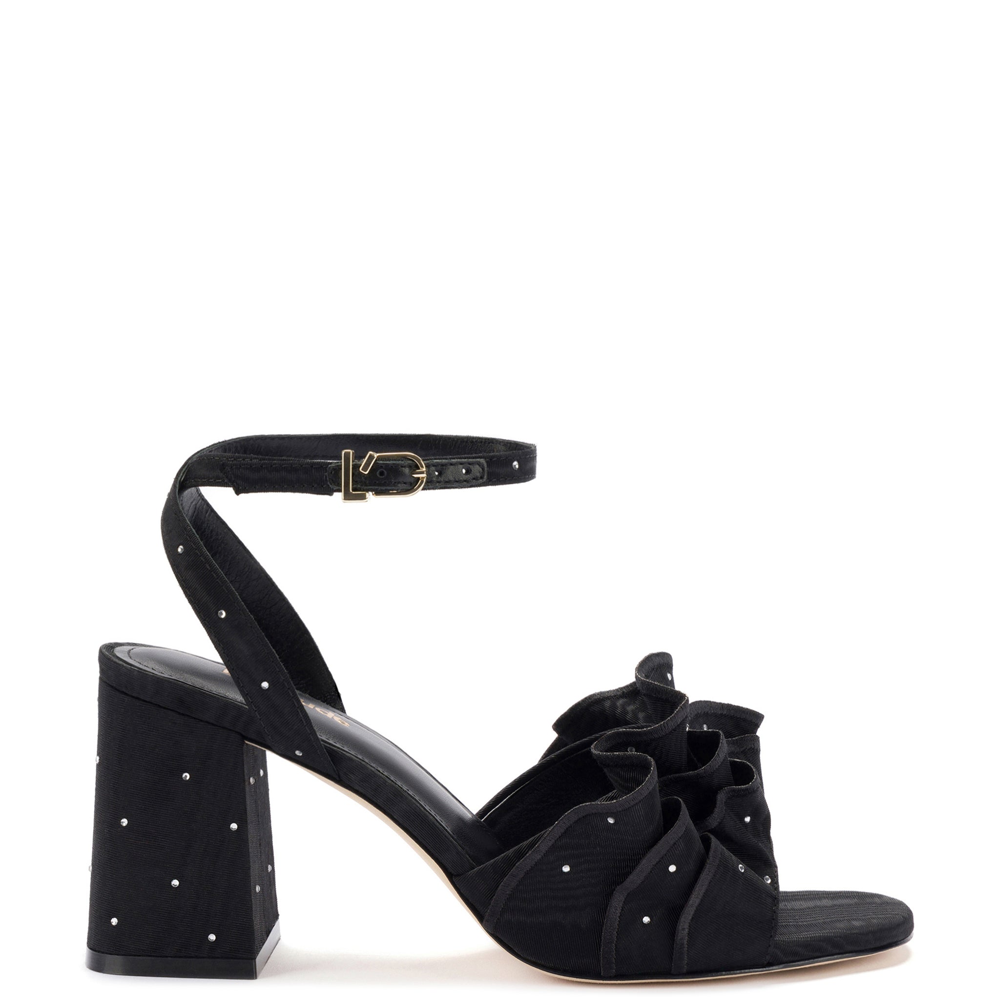 Selena Ruffle Sandal In Black Fabric and Crystals by Larroudé