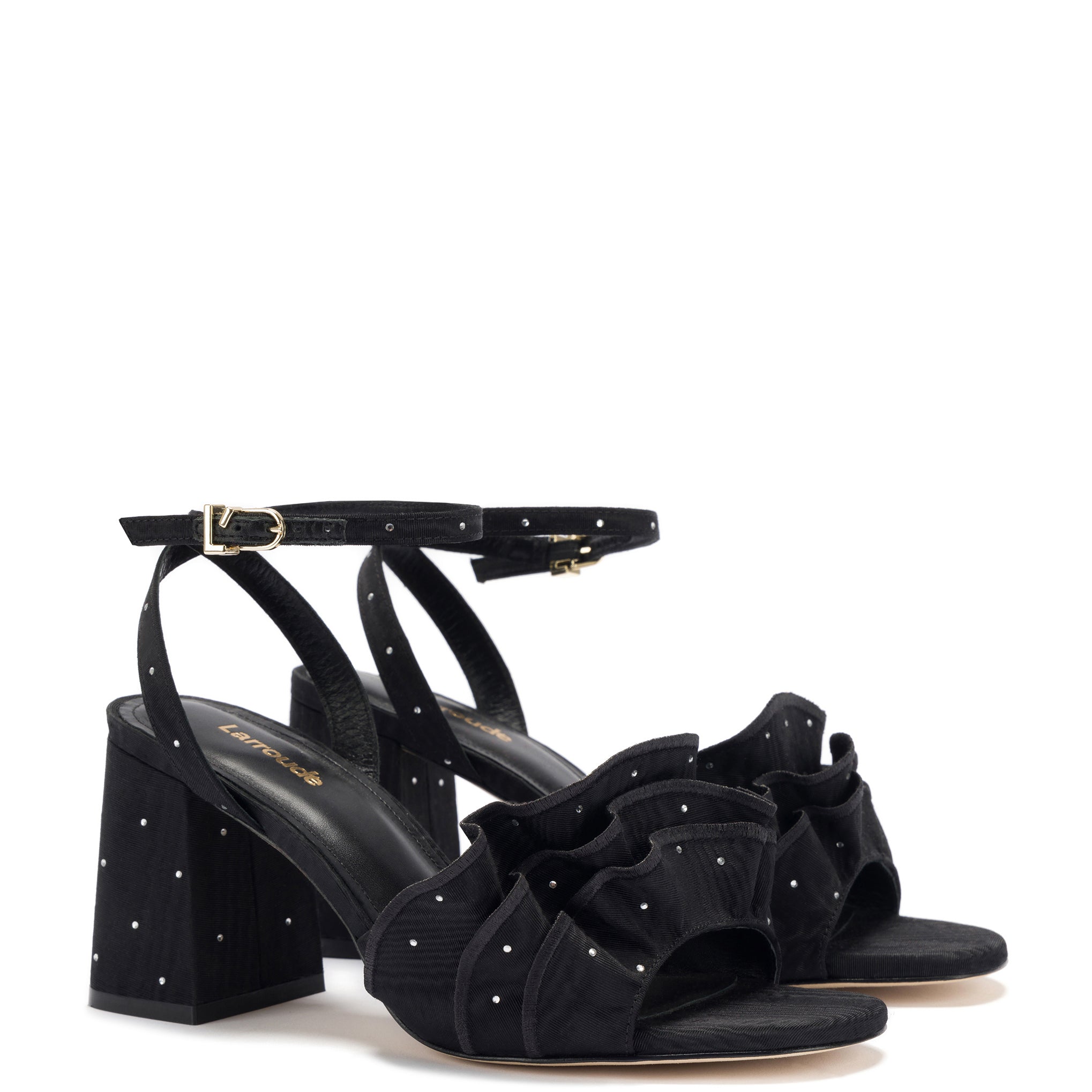 Selena Ruffle Sandal In Black Fabric and Crystals by Larroudé