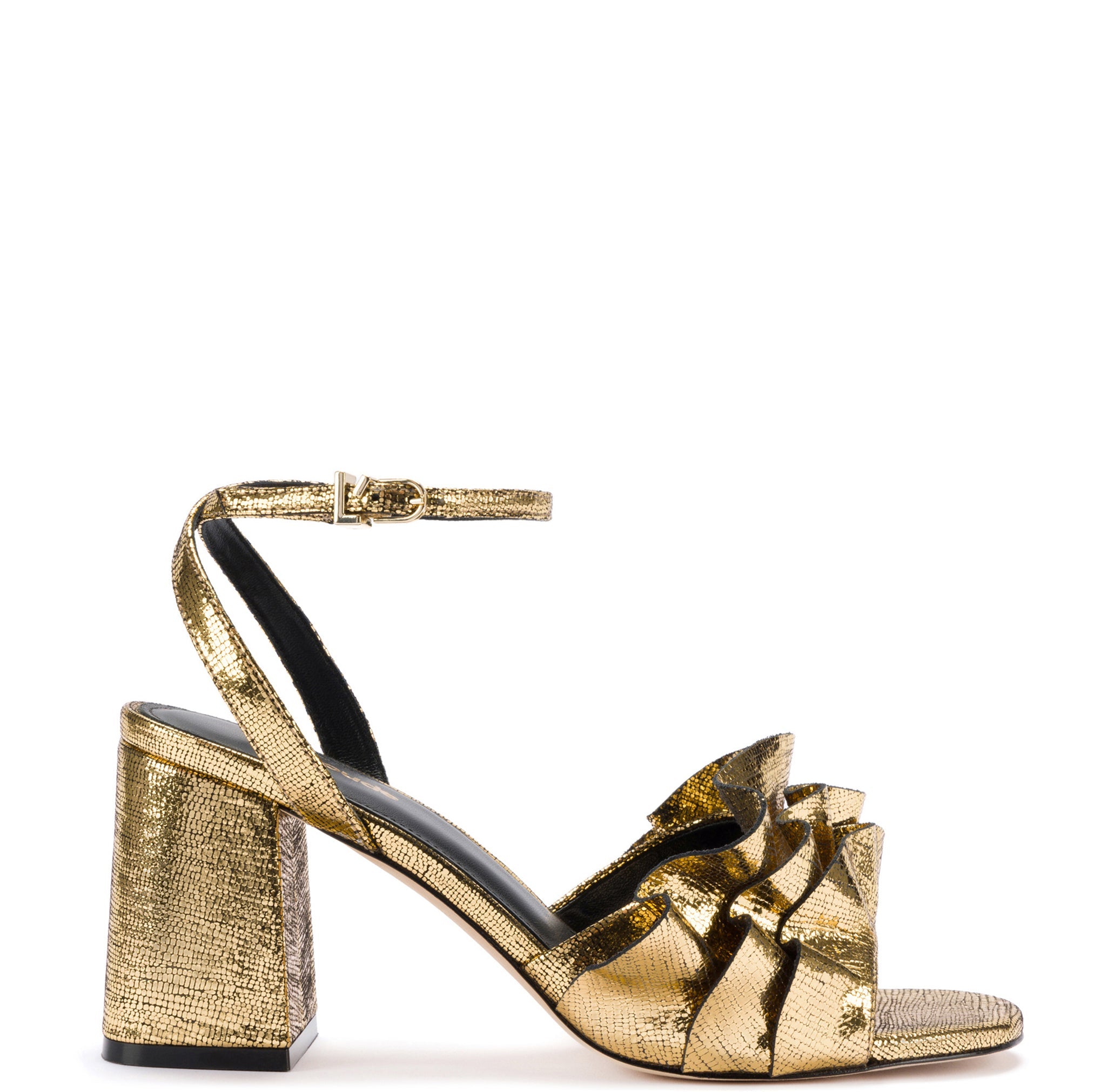 Selena Ruffle Sandal In Gold Cracked Metallic Leather by Larroudé