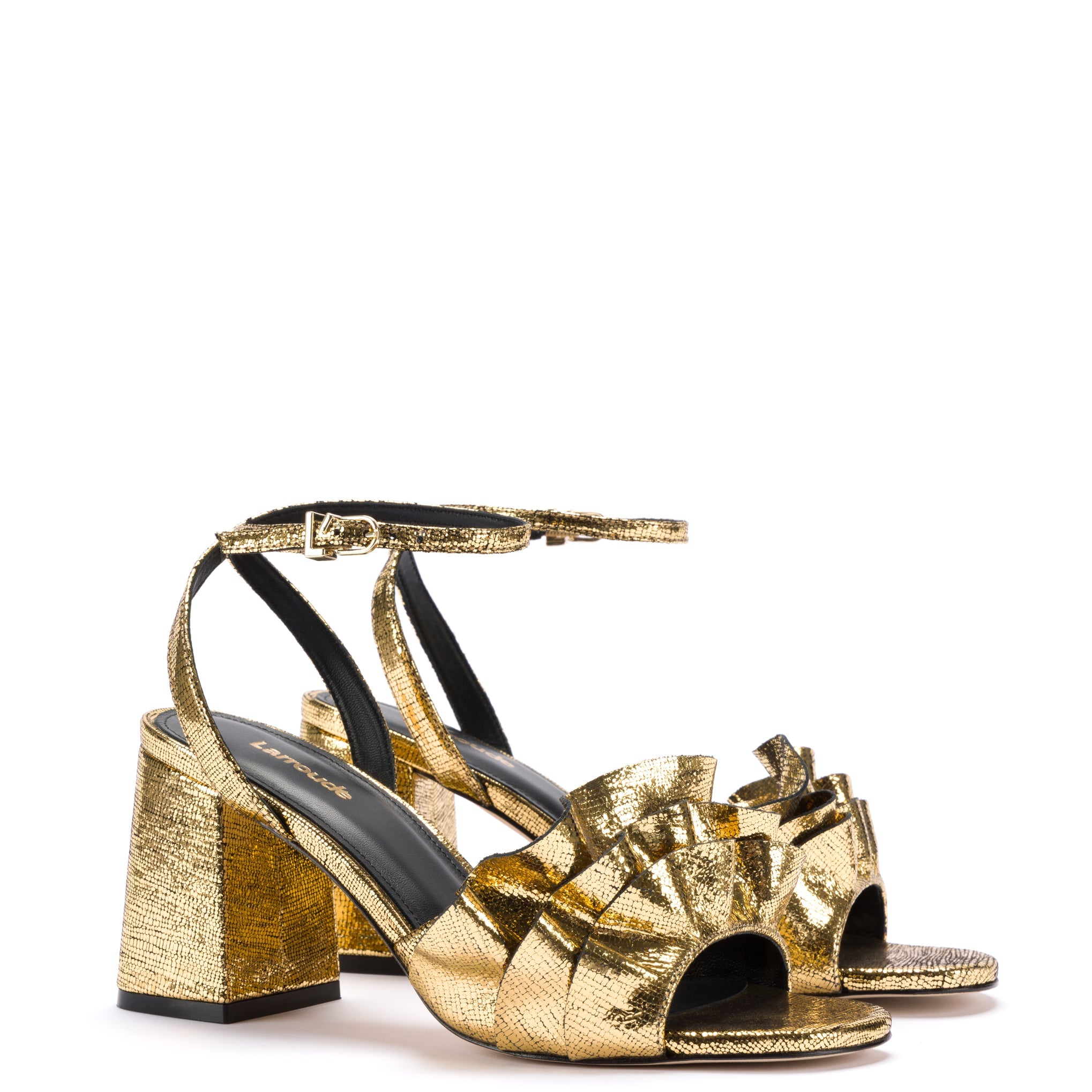 Selena Ruffle Sandal In Gold Cracked Metallic Leather by Larroudé