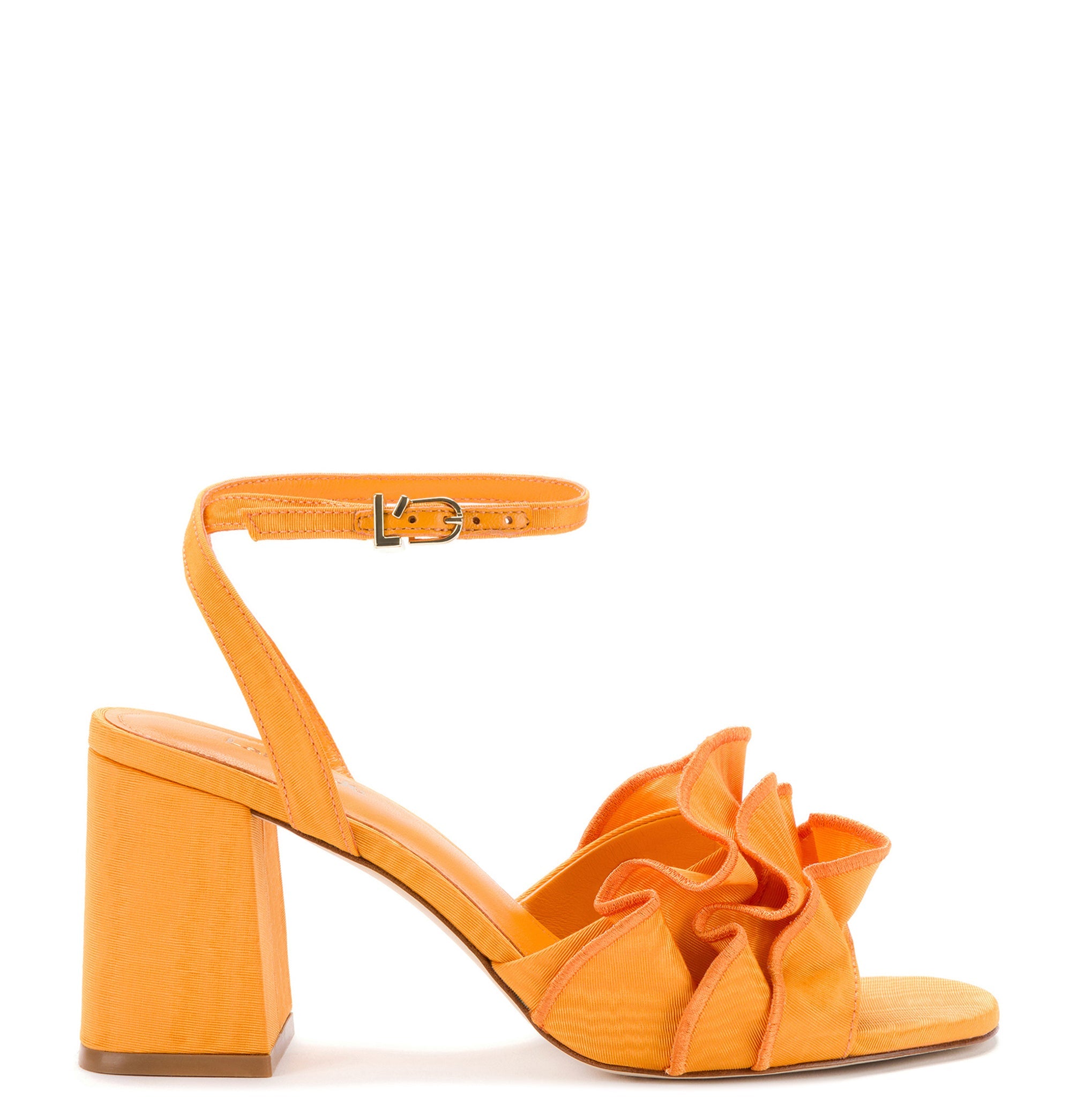 Selena Ruffle Sandal In Mango Fabric by Larroudé