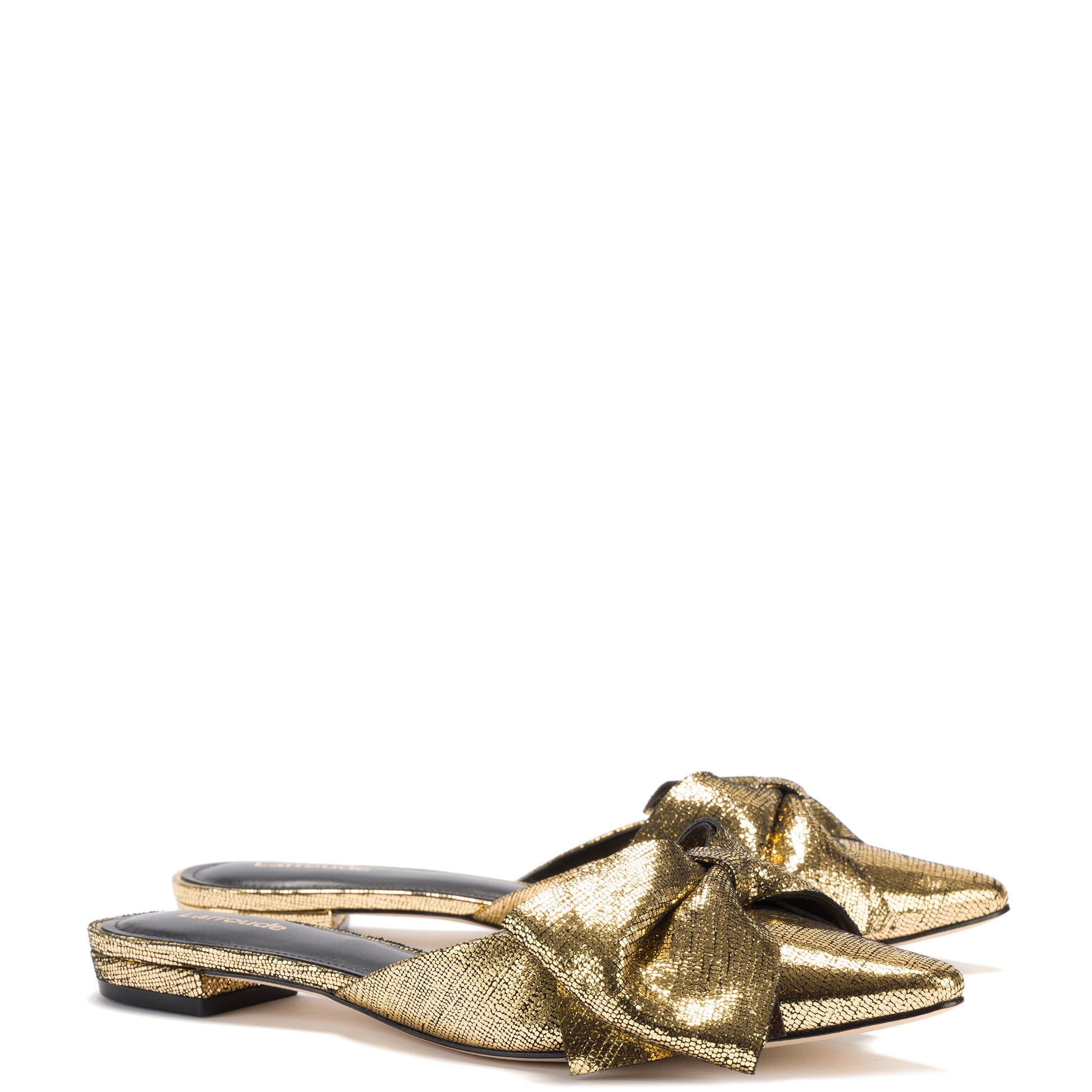 Elle Flat Mule In Gold Cracked Metallic Leather by Larroudé