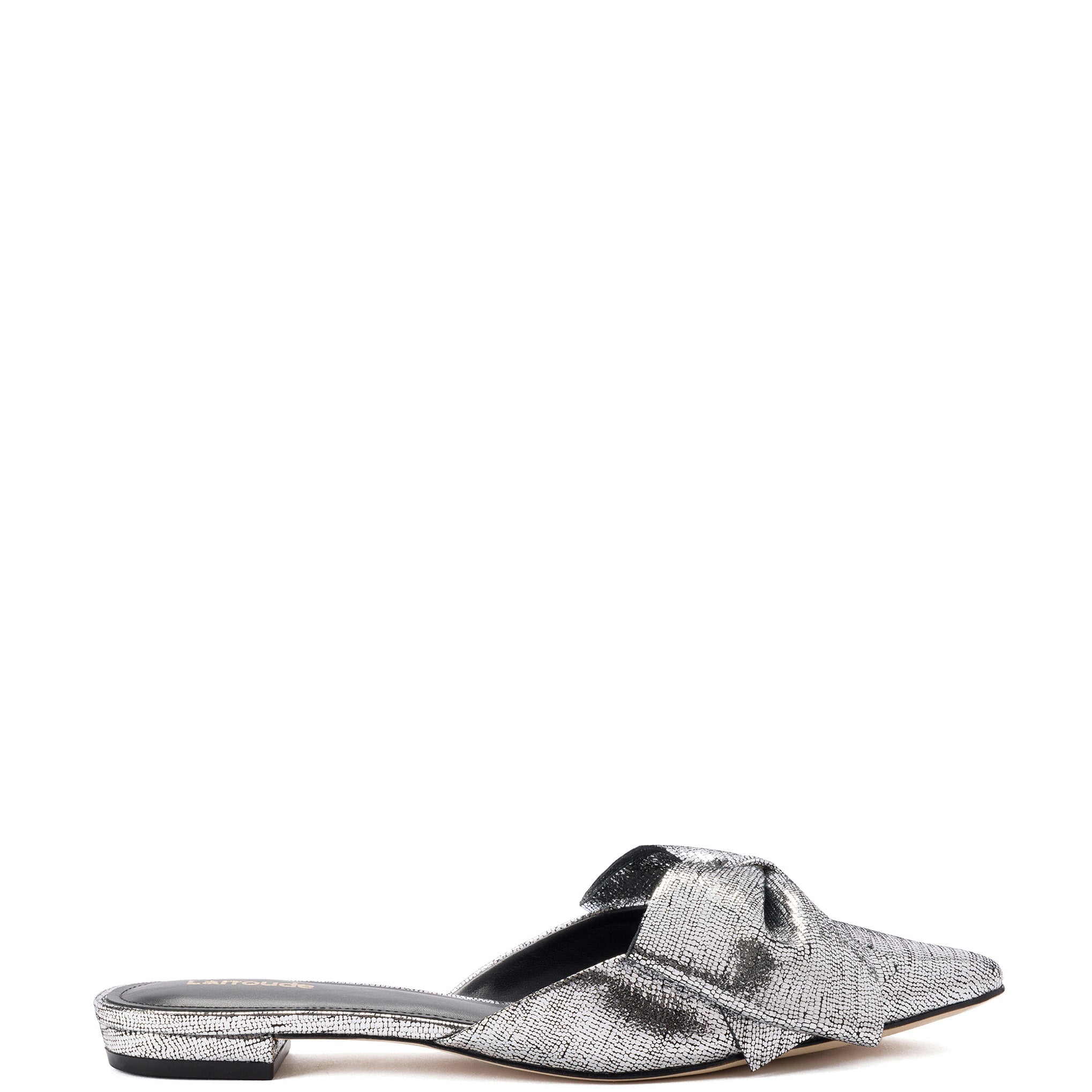 Elle Flat Mule In Silver Cracked Metallic Leather by Larroudé