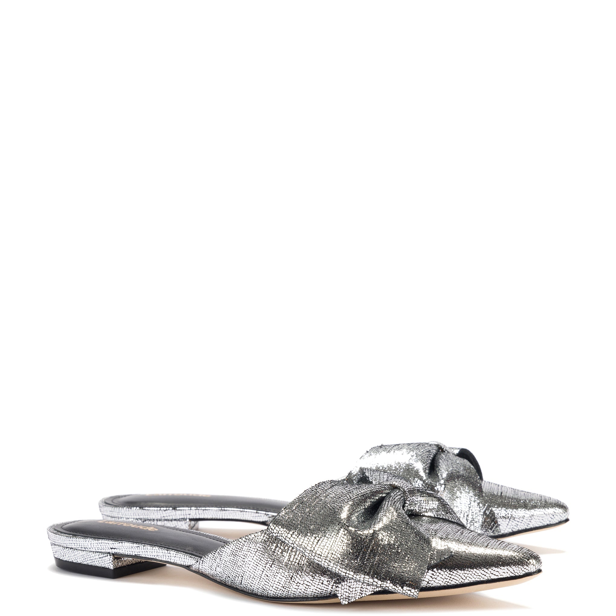 Elle Flat Mule In Silver Cracked Metallic Leather by Larroudé