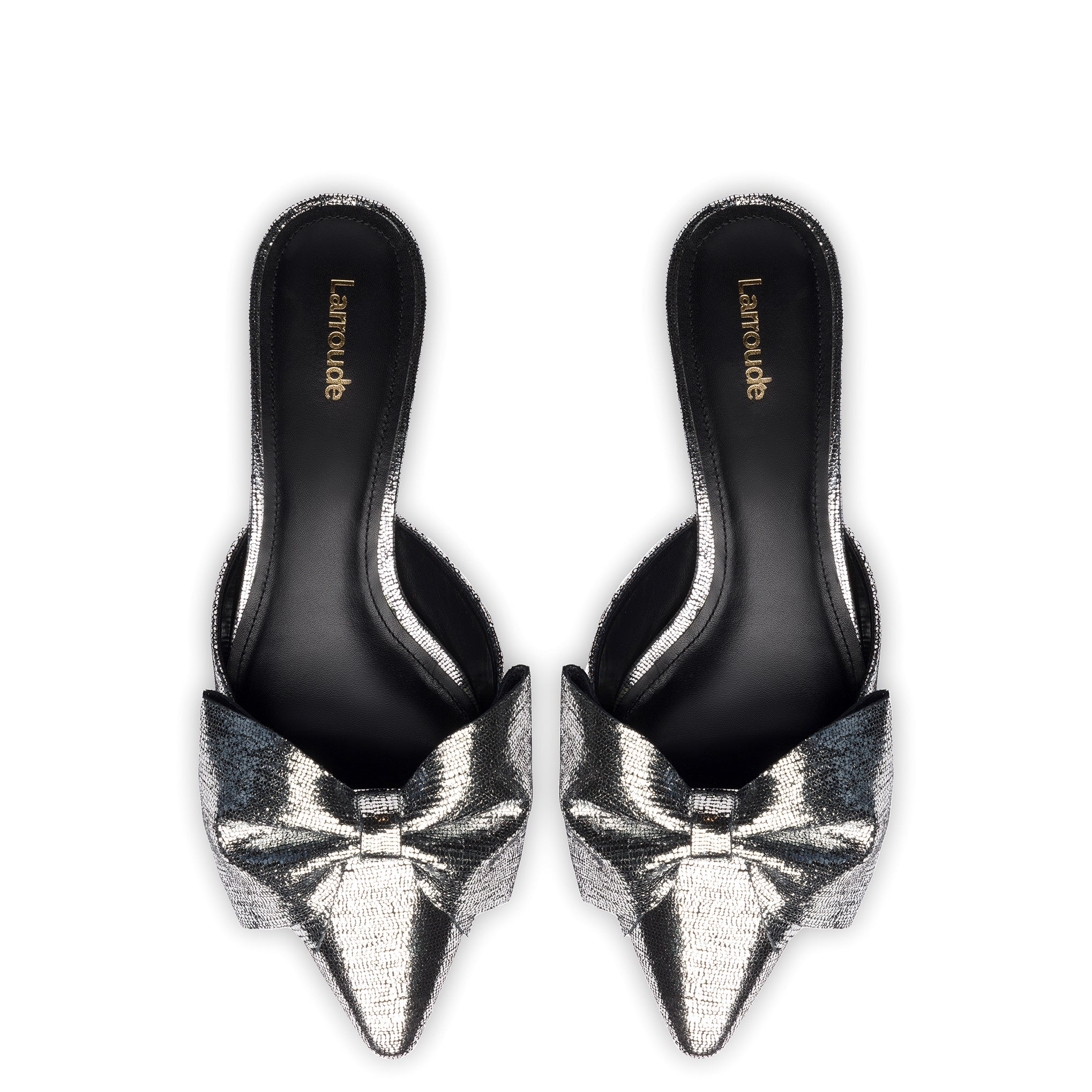 Elle Flat Mule In Silver Cracked Metallic Leather by Larroudé