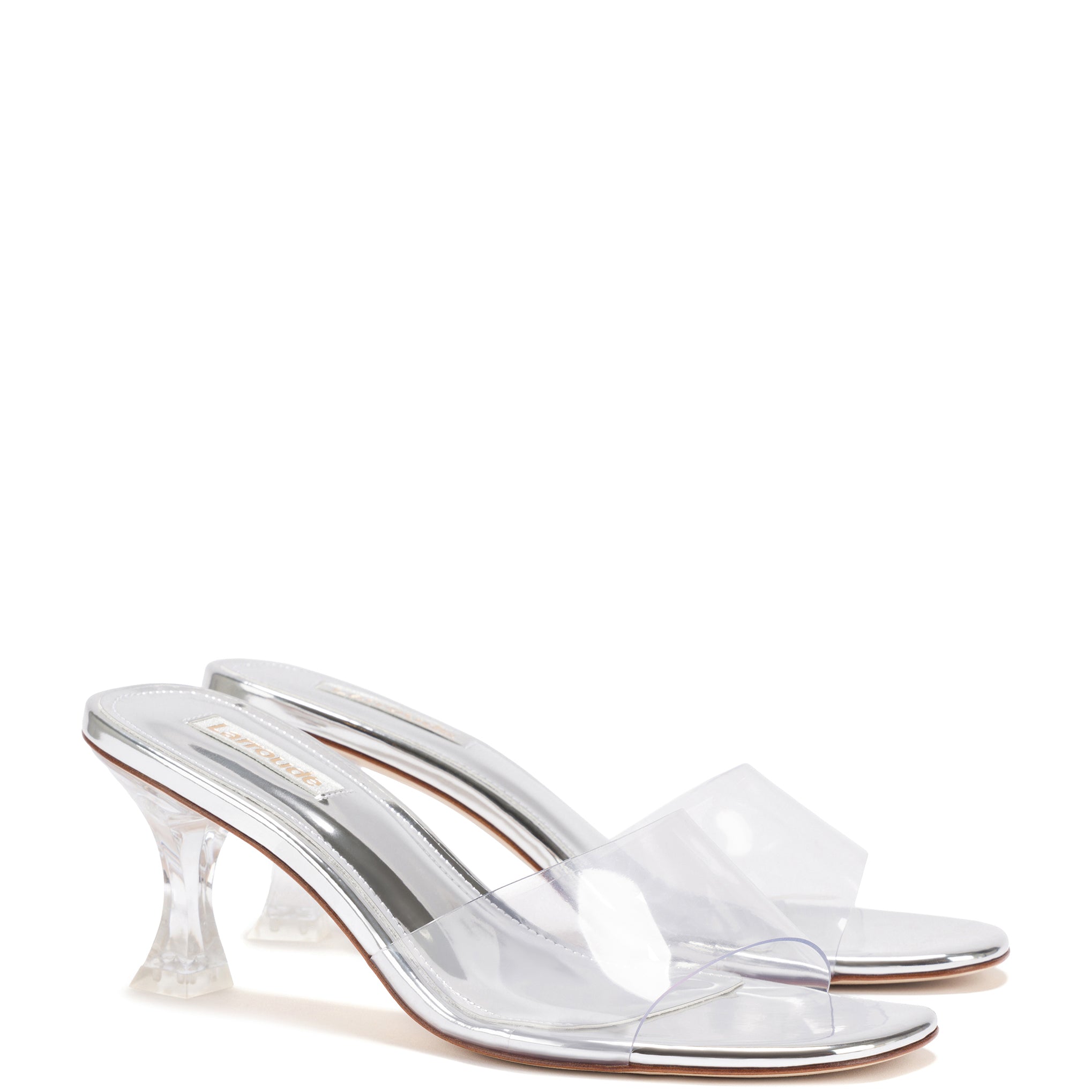 Vivi Lucite Hi Mule In Silver Specchio by Larroudé