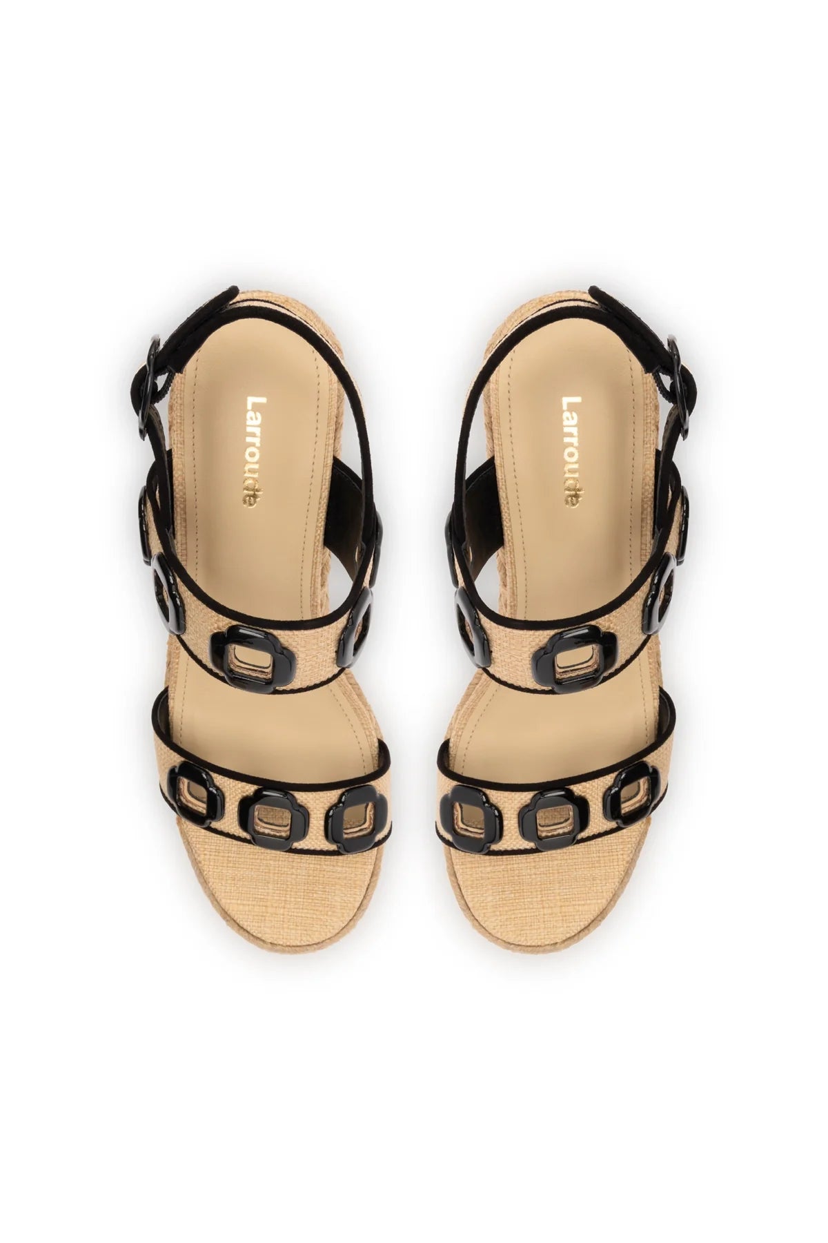 Milan Flatform In Beige Raffia and Black Trimming by Larroudé