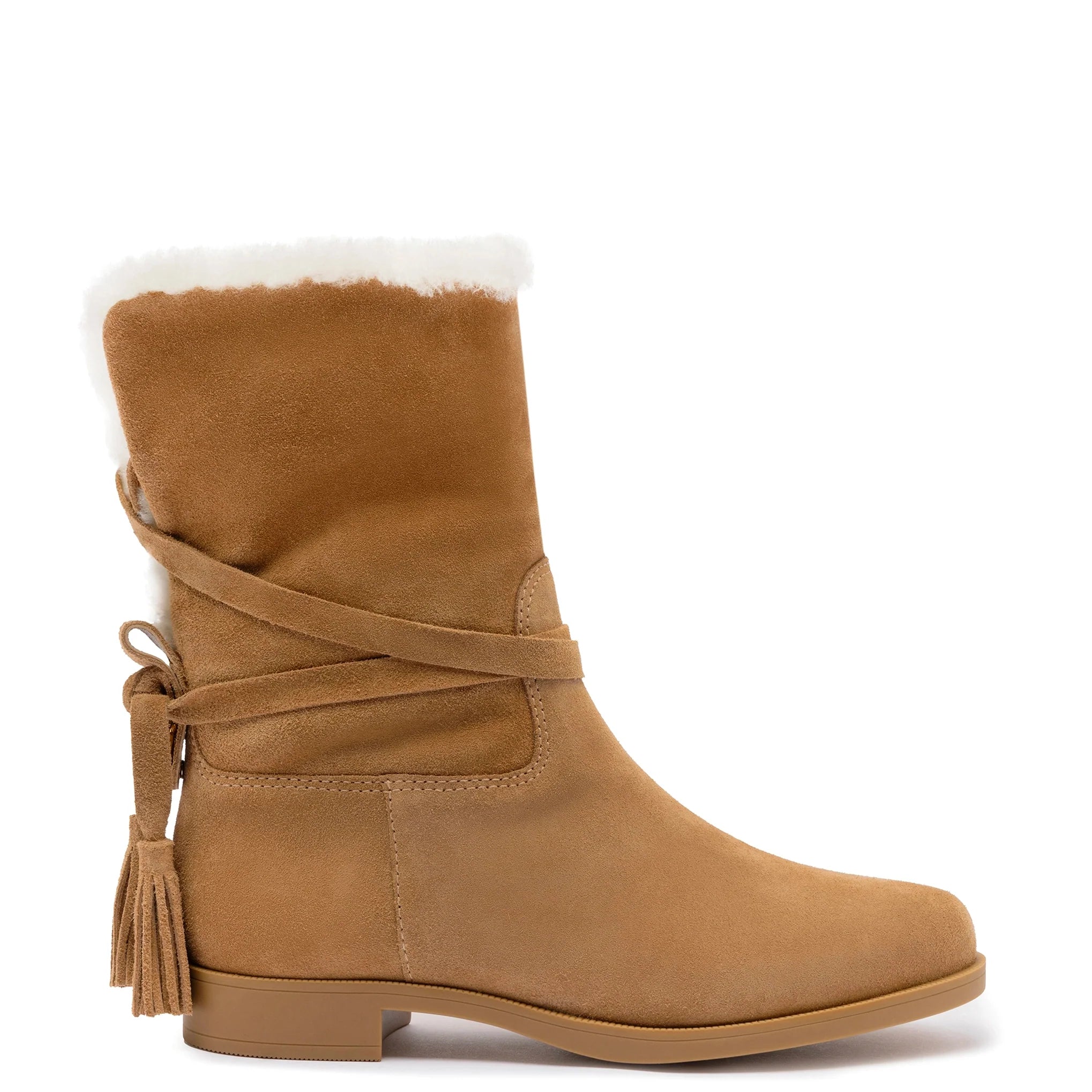 Verbier Bootie In Peanut Suede and Natural Shearling by Larroudé