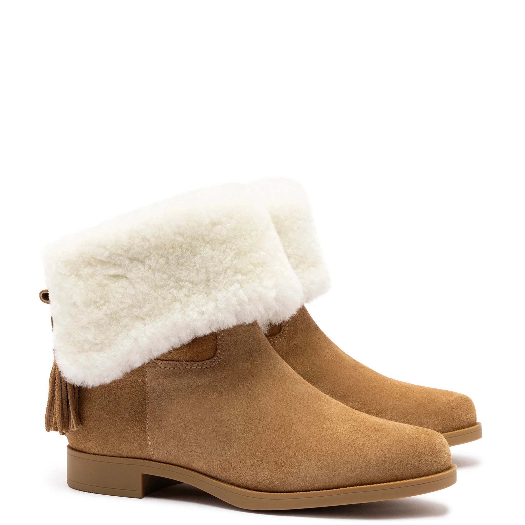 Verbier Bootie In Peanut Suede and Natural Shearling by Larroudé