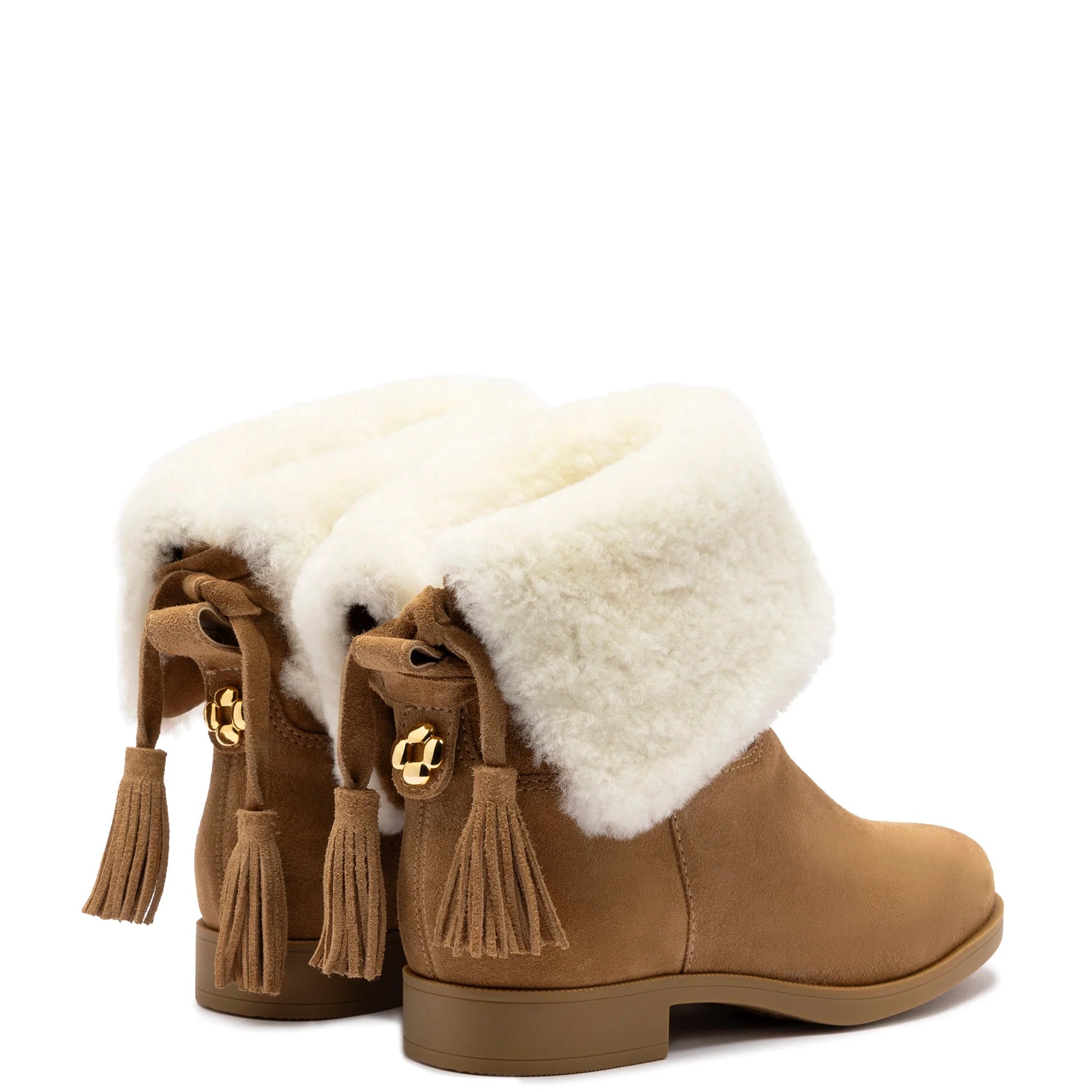 Verbier Bootie In Peanut Suede and Natural Shearling by Larroudé